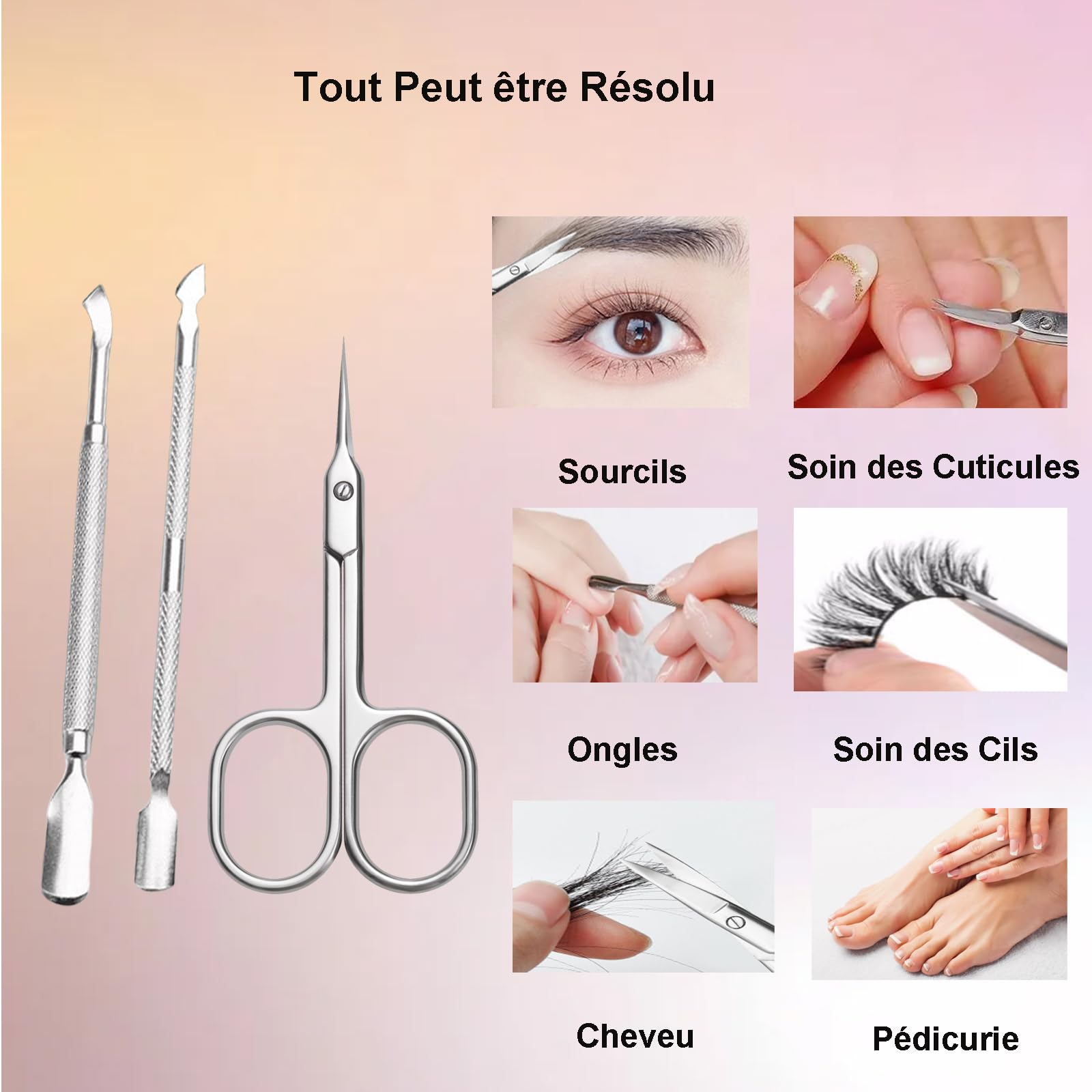 Ciseaux à Cuticules Professionnels + Pousse-Cuticules Double-Fonction (3 Pièces) - Kit Manucure/Pédicure en Acier Inoxydable Anti-Corrosion - Précision Salon (Argent)