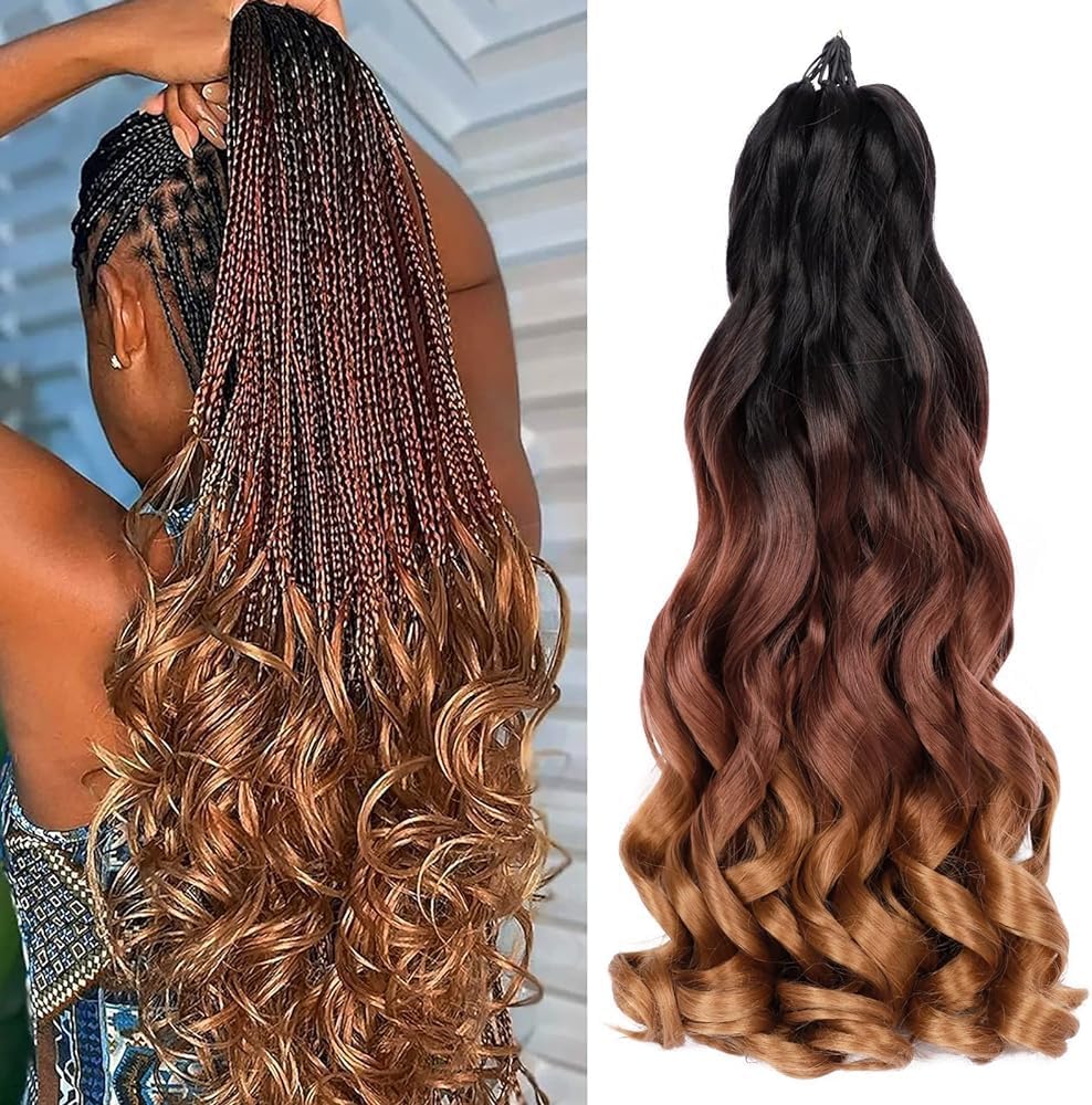 French Curly Braiding Hair 7 Packs 22 Inch Pre Stretched Braiding Hair Ombre Bouncy Loose Wave Crochet Braids for Women Spanish Curly Ends Synthetic Hair Extensions (7 Packs, 1B/33/30#)