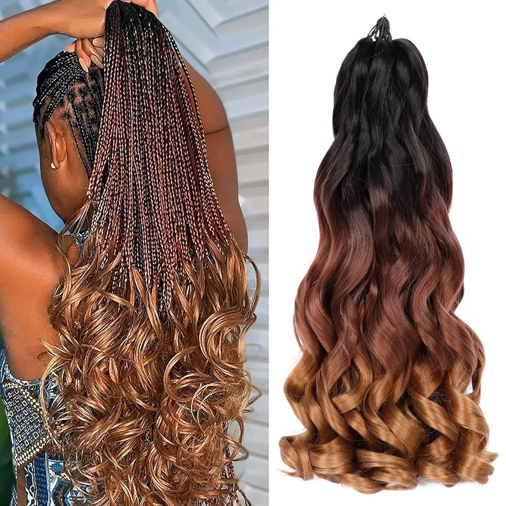 Colorful Queen French Curly Braiding Hair 7 Packs 22 Inch Pre Stretched Braiding Hair Ombre Bouncy Loose Wave Crochet Braids for Women Spanish Curly Ends Synthetic Hair Extensions (7 Packs, 1B/33/30#)