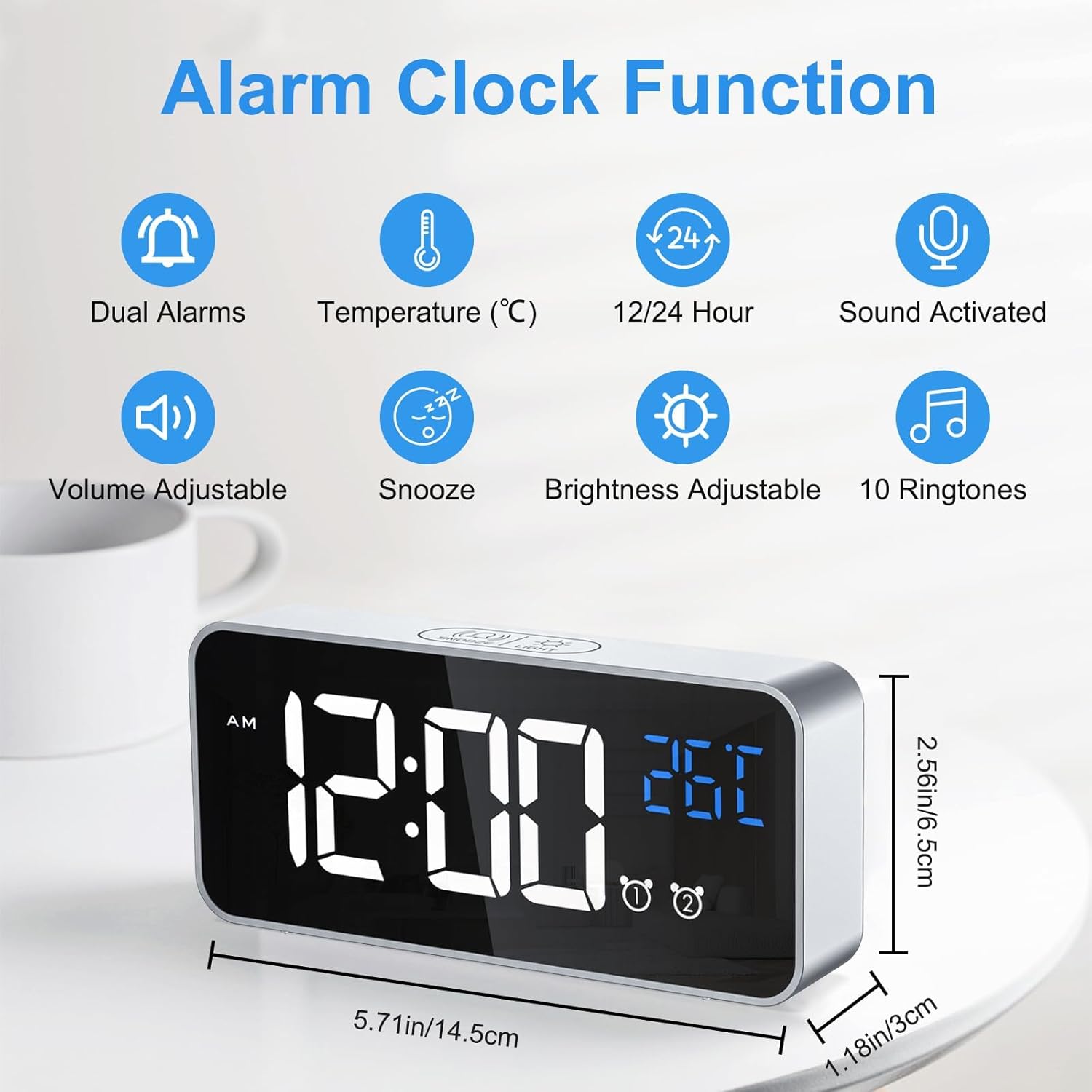 Diagram showing the features of the alarm clock including dual alarms, temperature, 12/24 hour, sound activated, volume adjustable, snooze, brightness adjustable, and 10 ringtones.