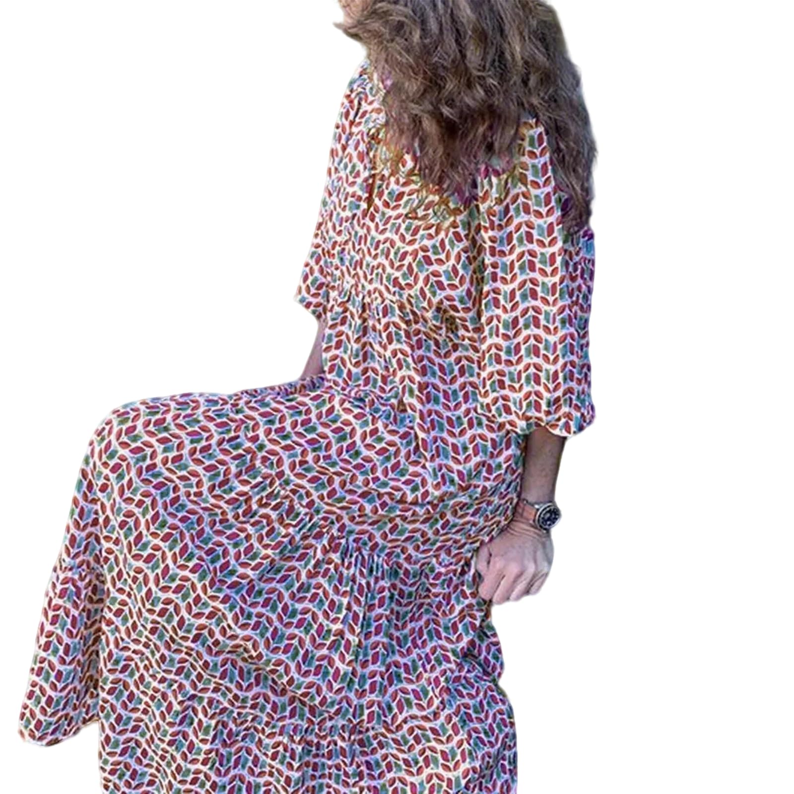 Boho Maxi Dresses for Women 2025 Casual Loose Fit Puff Sleeve Long Bohemian Dress Geometric V Neck Tiered Flowy Dress
