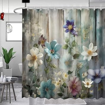 MEHOFOND Rustic Farmhouse Shower Curtain, Colorful Flowers Shower Curtains,Farm Teal Floral on Country Wooden Shower Curtain,Country Blue Wild Garden Plant Fabric Curtains for Bathroom 72x 72 inch