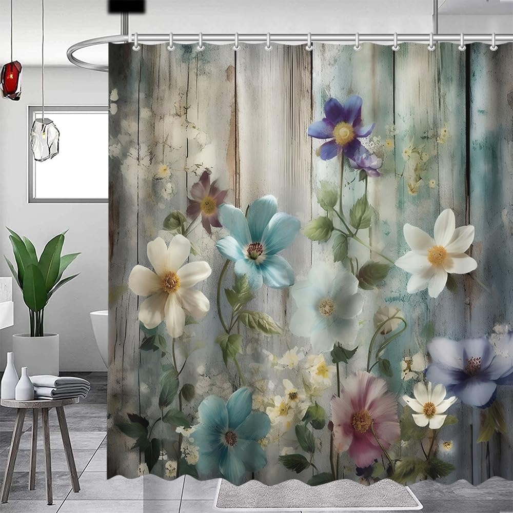 MEHOFOND Rustic Farmhouse Shower Curtain, Colorful Flowers Shower Curtains,Farm Teal Floral on Country Wooden Shower Curtain,Country Blue Wild Garden