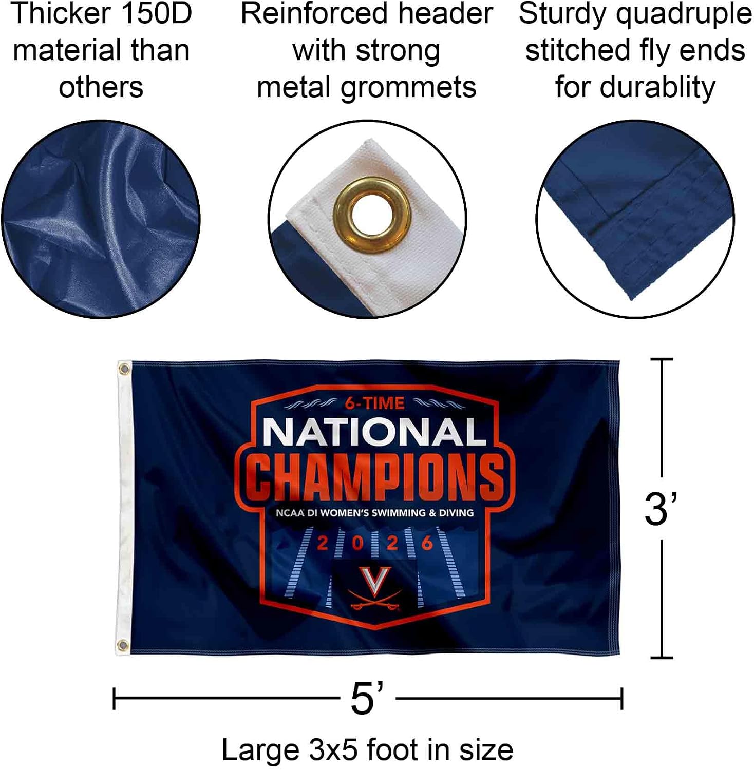 Virginia Cavaliers 2026 Women's Swimming and Diving National Champions 3x5 Grommet Flag