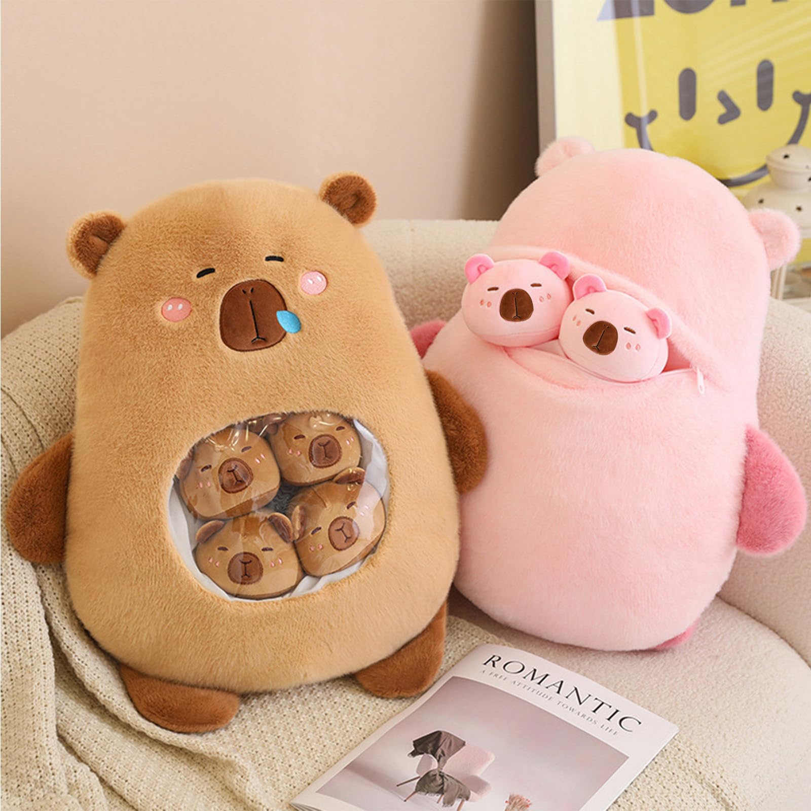 Capybara Plüsch mit 6 Niedlichen Babies, Stofftiere, Tasche mit Tier Snack Kissen, Super Soft Puppe Kissen für Baby Jungen Mädchen Spielzeug (Braun)