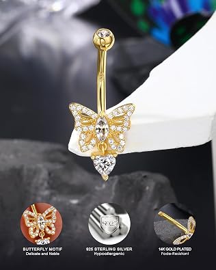 14K Gold Plated Belly Button Rings - 925 Sterling Silver Navel Rings for Women - 14G Belly Piercing Jewelry