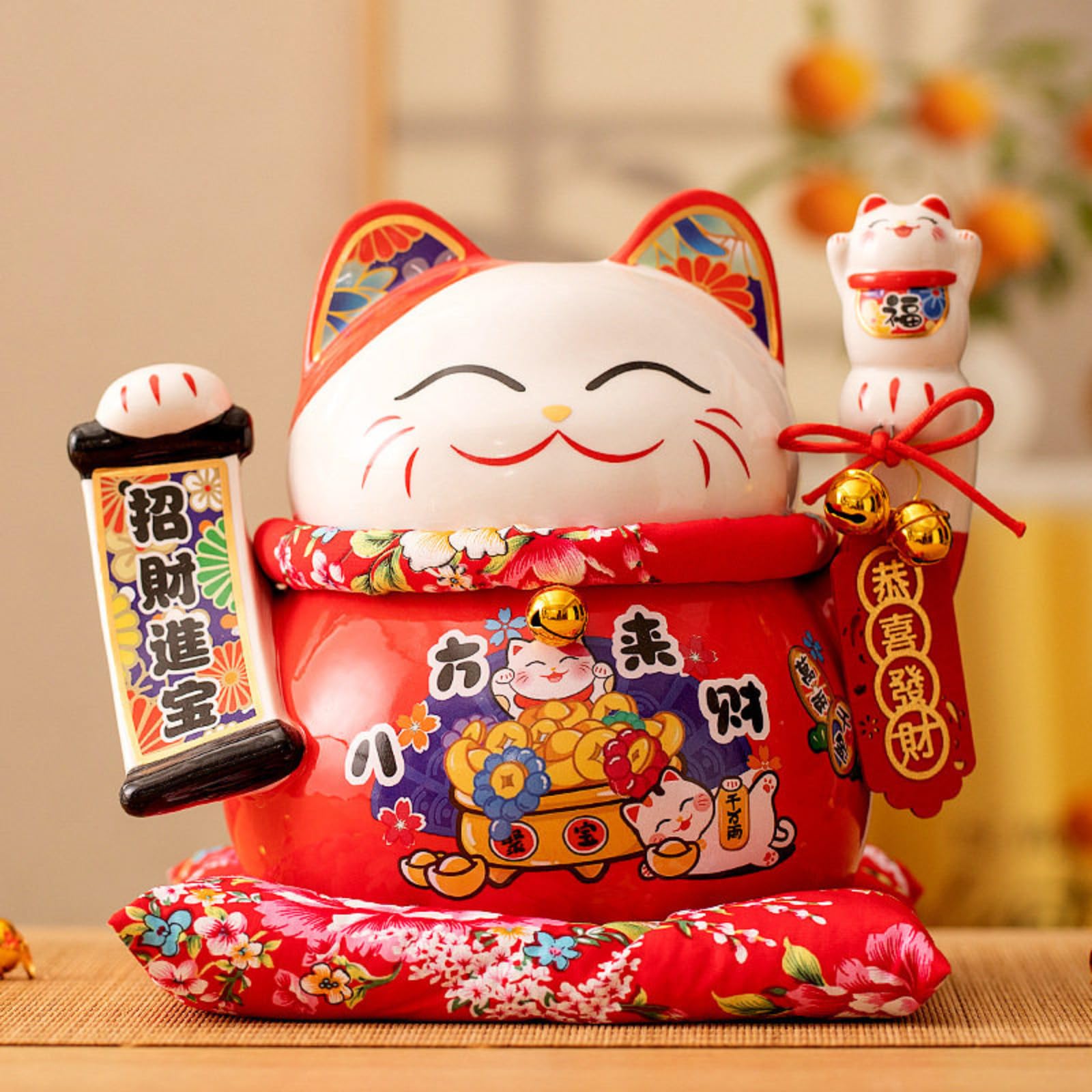 Chat souriant en céramique 20cm avec oreilles rouges et sa boîte cadeau d'exception