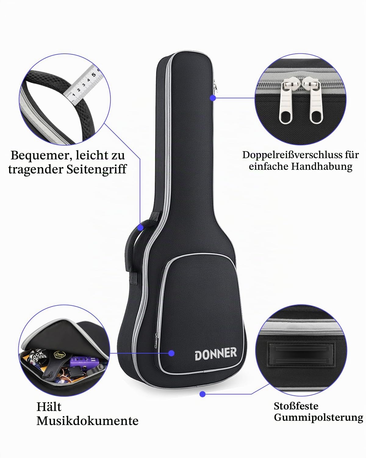 Donner E-Gitarren Gigbag 39 Zoll, 5 mm Polsterung, 600D Ripstop Nylon, Wasserabweisende Soft-Gitarrentasche mit verstellbaren Doppel-Schultergurten und gepolstertem Griff, Schwarz
