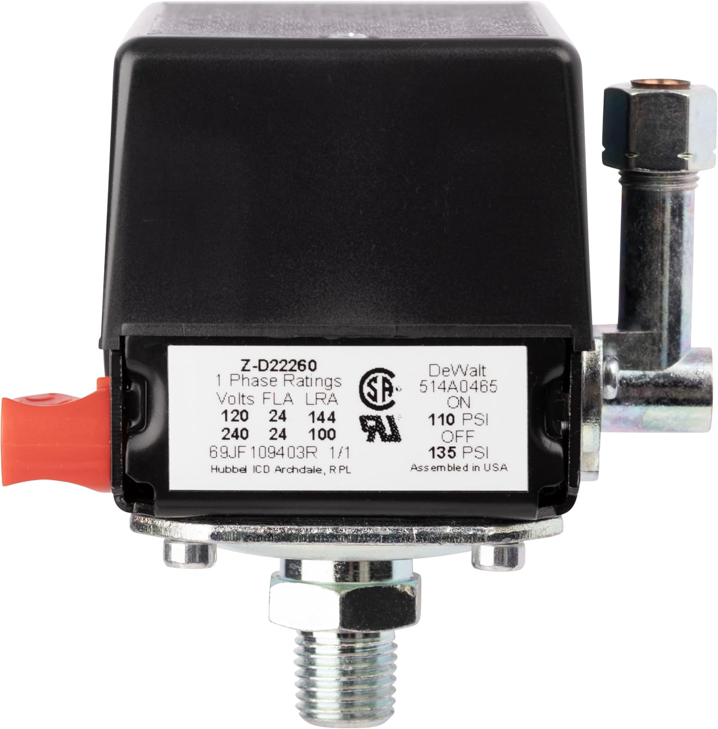 Z-D22260 Pressure Switch 1/4" NPT Port 110-135 PSI 120-240V Compatible with Craftsman, DeWalt, DeVilbiss, and Porter Cable Air Compressor Units