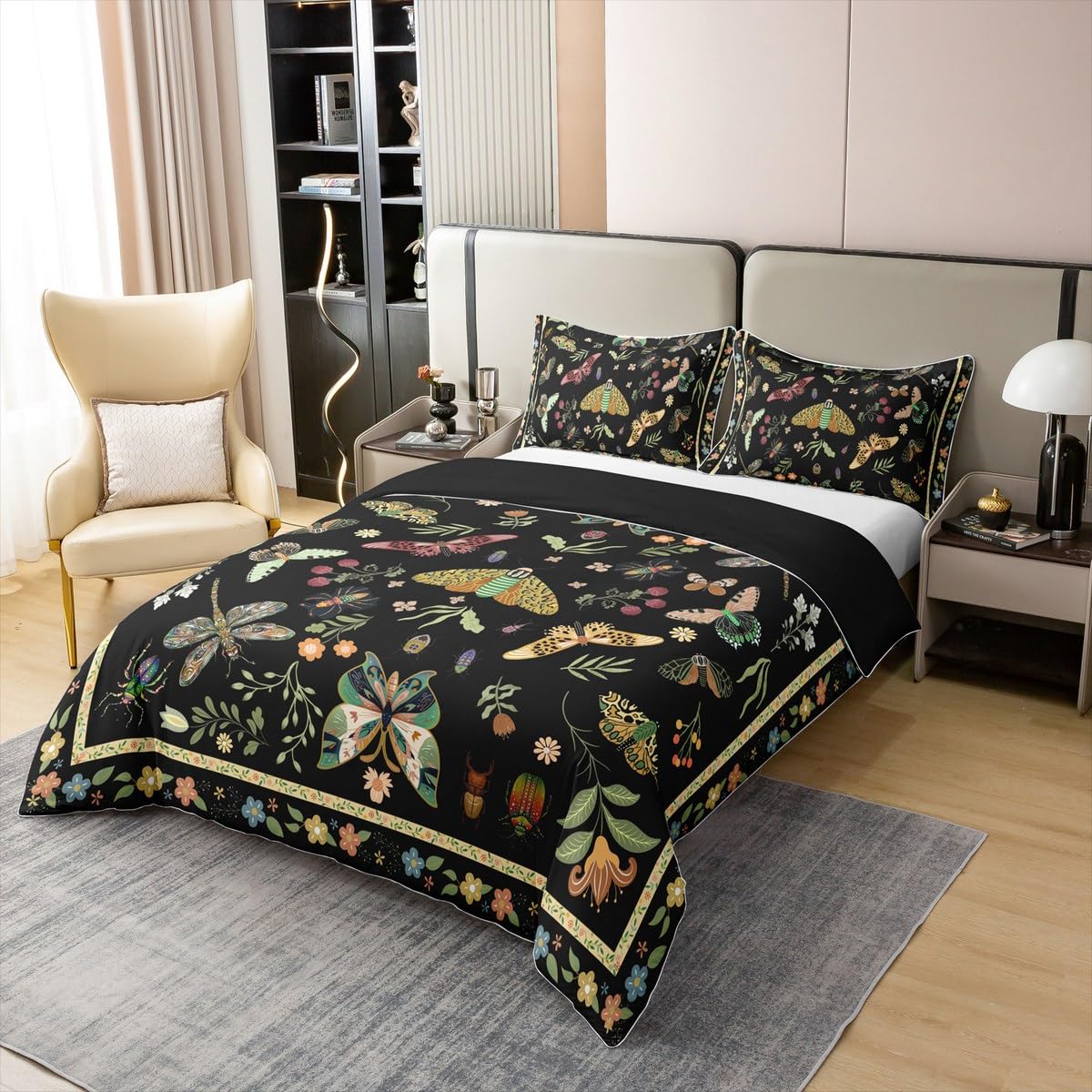 Homemissing Floral 100% Baumwolle Bettwäsche Set 135x200cm Jungen Mädchen Vinatge Botanischer Schmetterling Schwarz Bettbezug Für Kinder Retro Boho Blumen Bettwäsche-Set Blüte Dragonfly Grün