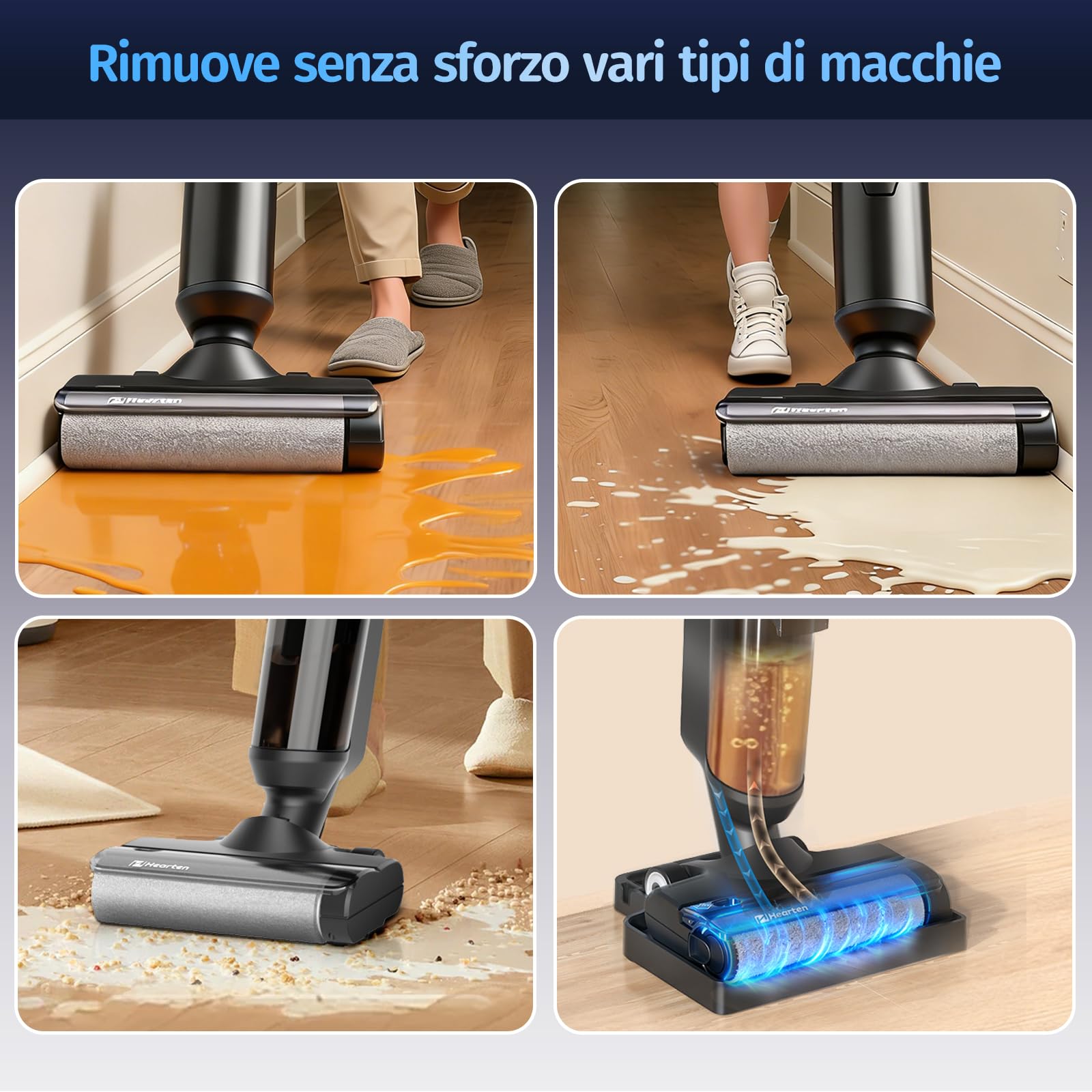Hearten Lavapavimenti senza Filo,Scopa Elettrica Lavapavimenti Smart 3 in 1, Aspira e Lava, Auto-Pulente, Anti-Groviglio, Display LED – 0,7 mm, Regolazione Automatica, Per Peli Animali scrubber