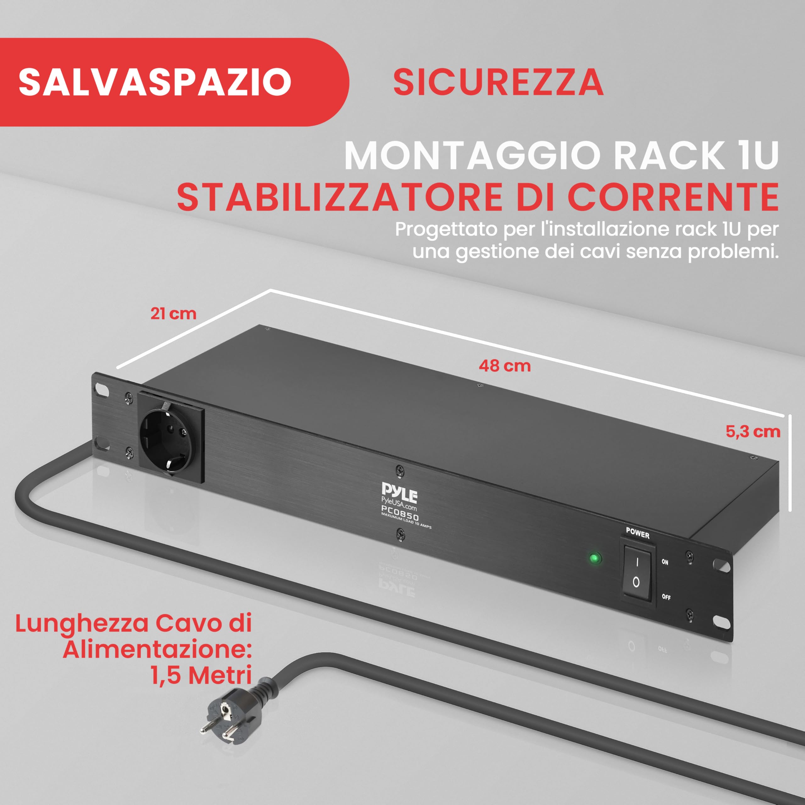 Pyle Multipresa PDU, Protezione Sovratensione, 150 Joule 15 A 7 Prese, Cavo Elettrico Robusto, 1U Rack Montaggio, Barra di Alimentazione con Filtro AC