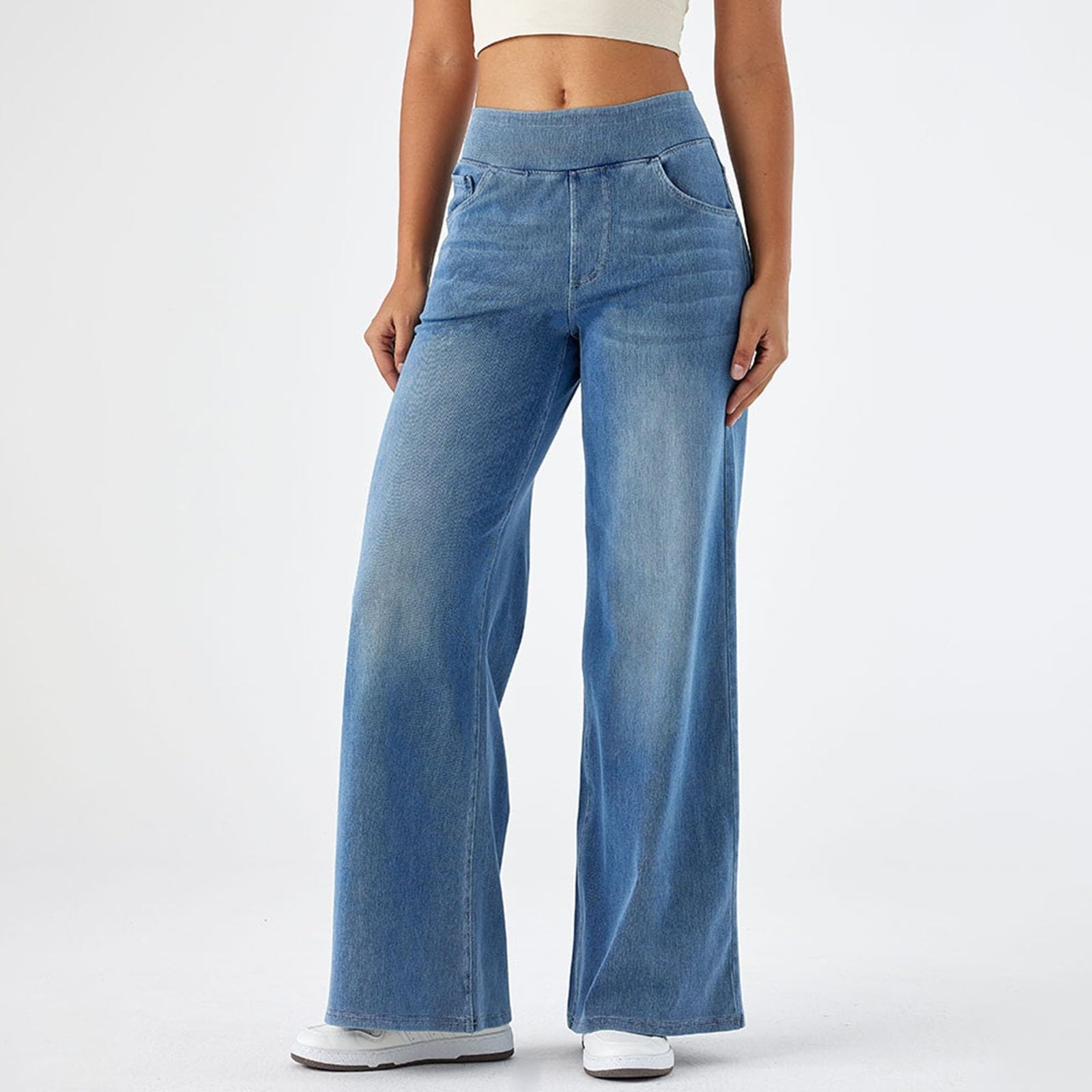 Jeans Femme Taille Haute- Jean Baggy Large à Enfiler Pantalon DéContracté Confortable Slim Et Doux pour La Peau IdéAl sans Ceinture Extensible Long Les Rendez-Vous Le Shopping Et SoiréEs