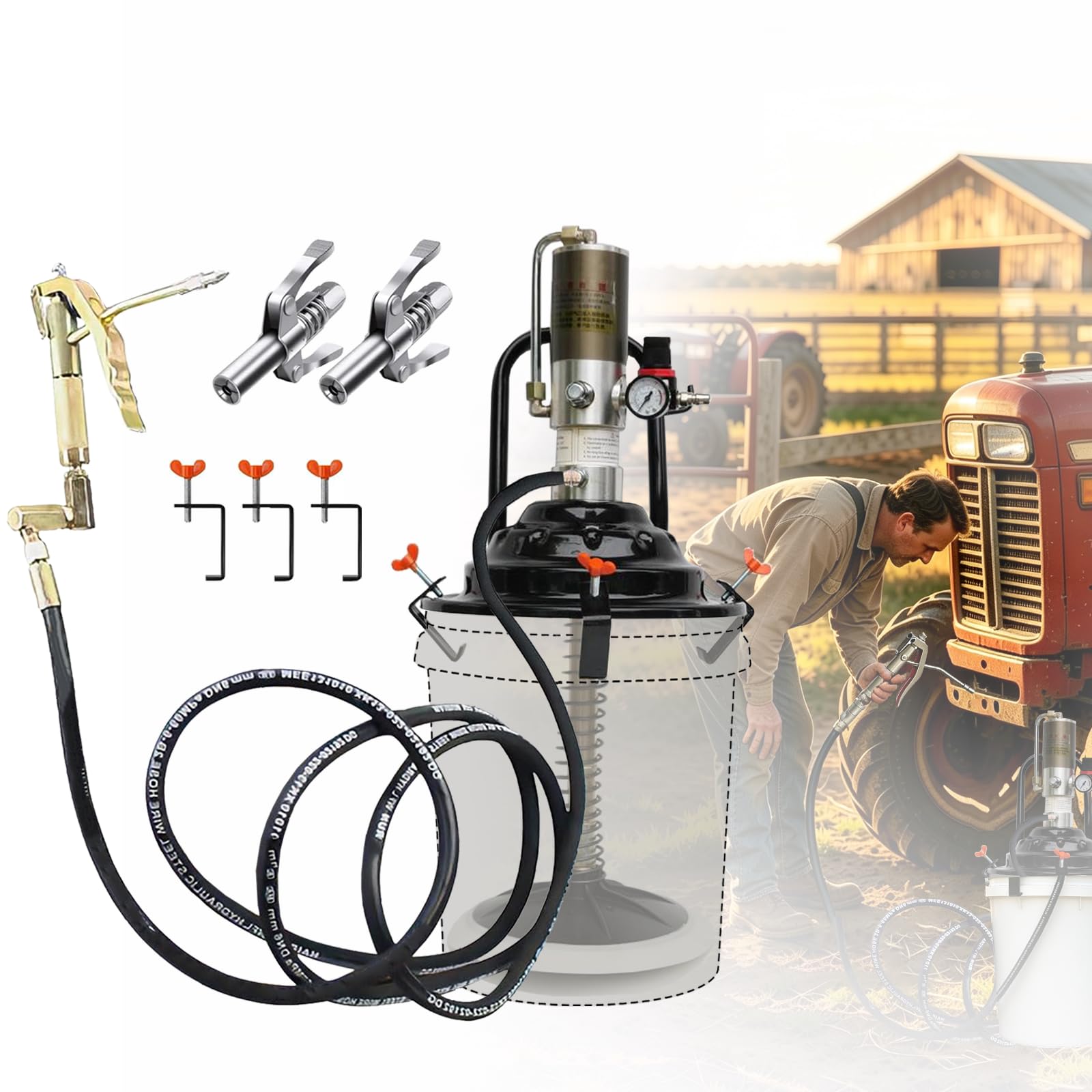 60:1 Air Grease Pump for 5 Gallon Bucket, 2 PCS Grease Gun Coupler, 13 ft High Pressure Hose, Universal Fit, Vehicle Compatible (No Bucket)