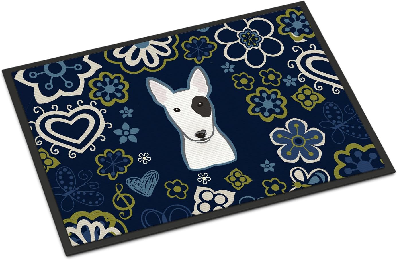 Caroline's Treasures Blue Flowers Bull Terrier BB5060MAT Felpudos, Poliéster, Azul, 27