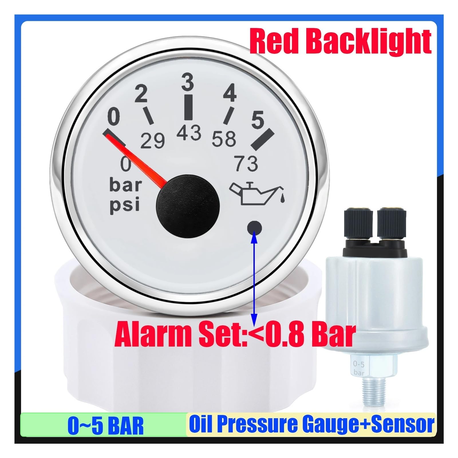 Medidor de presión de aceite de 52mm con Sensor de alarma LED rojo medidor de presión de aceite 0-10Bar,0-5Bar,0-73PSI,0-145PSI Alta visibilidad(0-10Bar WS)