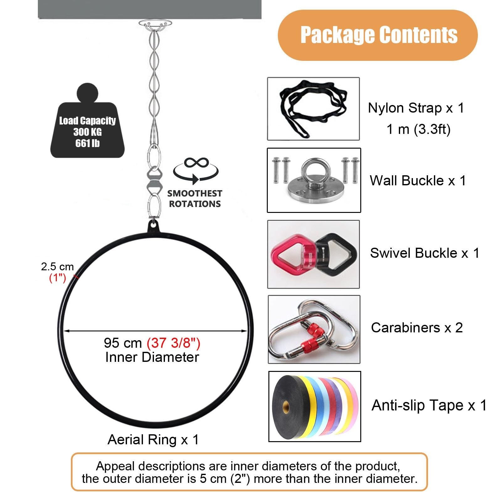Kunovo Complete Aerial Hoop Kit, Single Point Aerial Dancing Lyra Hoop with Rigging Hardware, Professional Aerial Yoga Ring for Aerialists/Beginners (Size : 95 cm (37