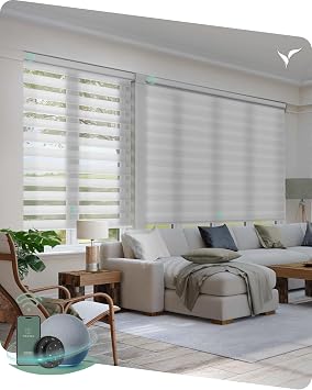 Yoolax Motorized Zebra Blinds with Remote, Vivid Series Designer Fabric Smart Blinds Work with Alexa Google Home Apple Home, Room Darkening Zebra Shades for Modern Home Decor,V-Shimmer Jacquard White