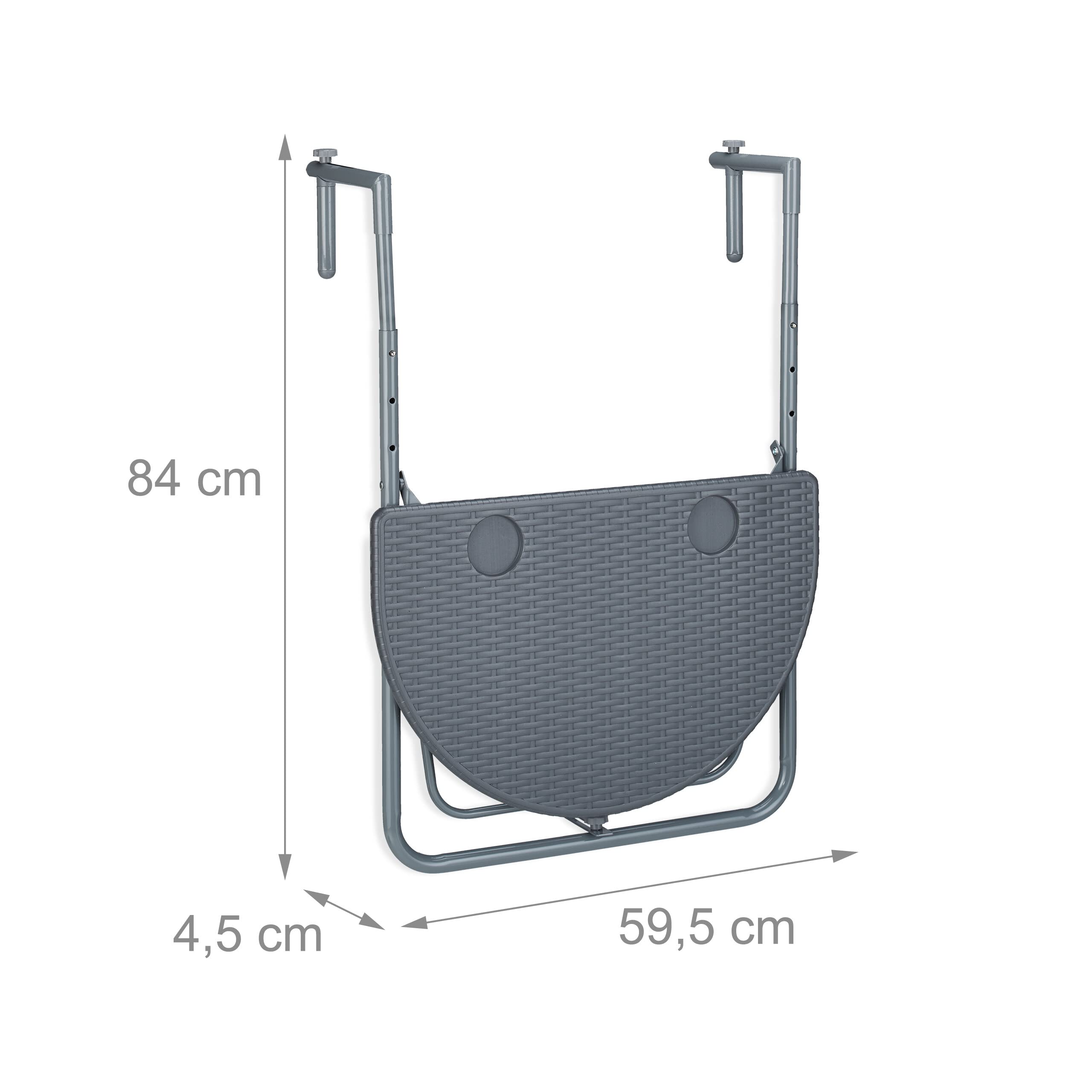 Relaxdays Tavolino da Balcone Pieghevole, 59,5 x 63 cm, Mini Tavolo Appeso, Regolabile in Altezza, Salvaspazio, Grigio