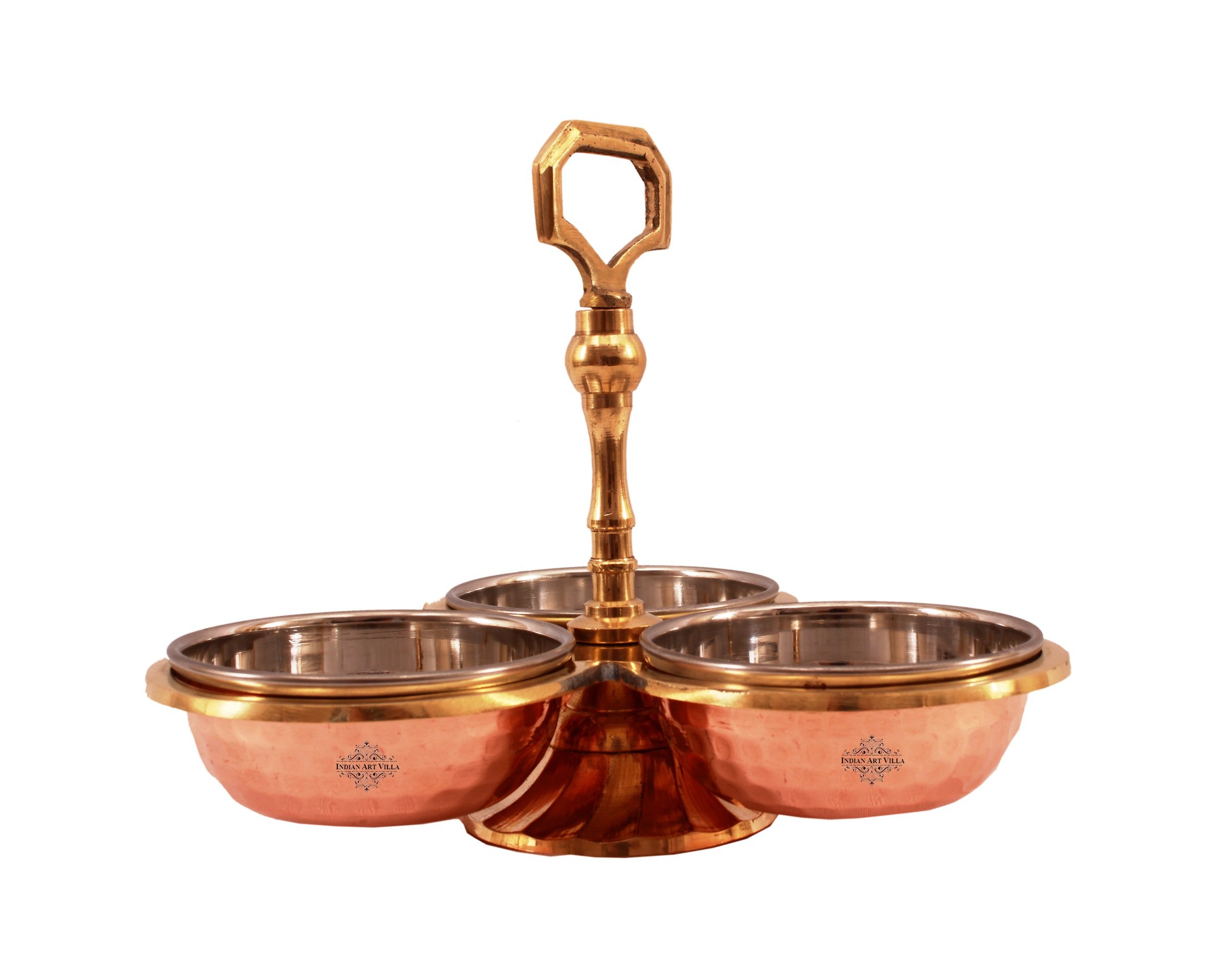 Indian Art Villa Handmade Steel Copper 3 Bowl Compartment Condiment Pickle Set ...