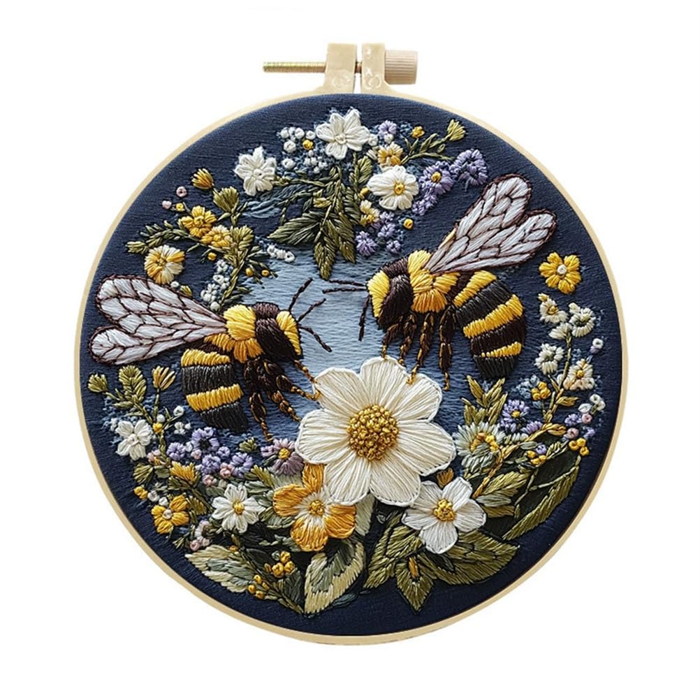 Meecaa Bee Flower Animal Embroidery Kit Starter Set, Hand Embroidery Set,Pattern Printed Cross Stitch Set for Beginner Adults, with Embroidery Hoop and Instructions (Picking Honey)
