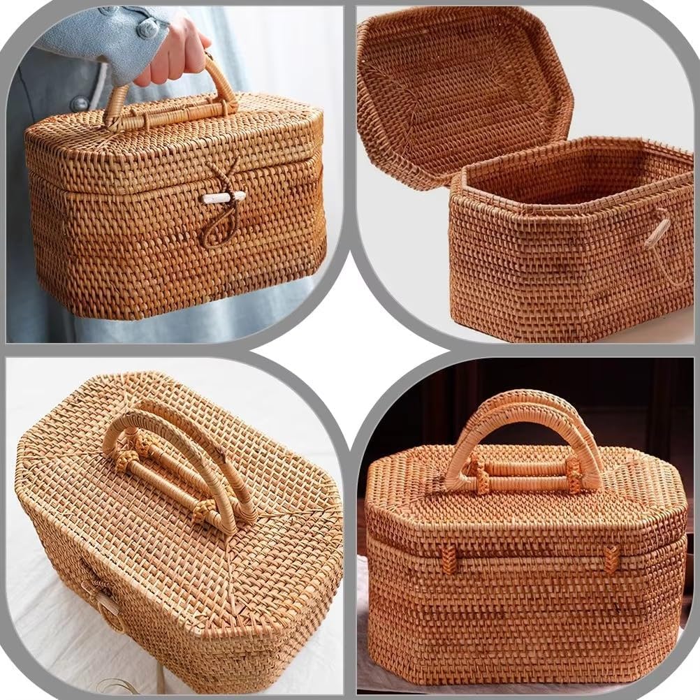 Basket Storage Rattan Woven Baskets with Lid Round Wicker Fruit Boxes Decorative Tray Lids Sundries Mini Snack Bread Organizer (1)