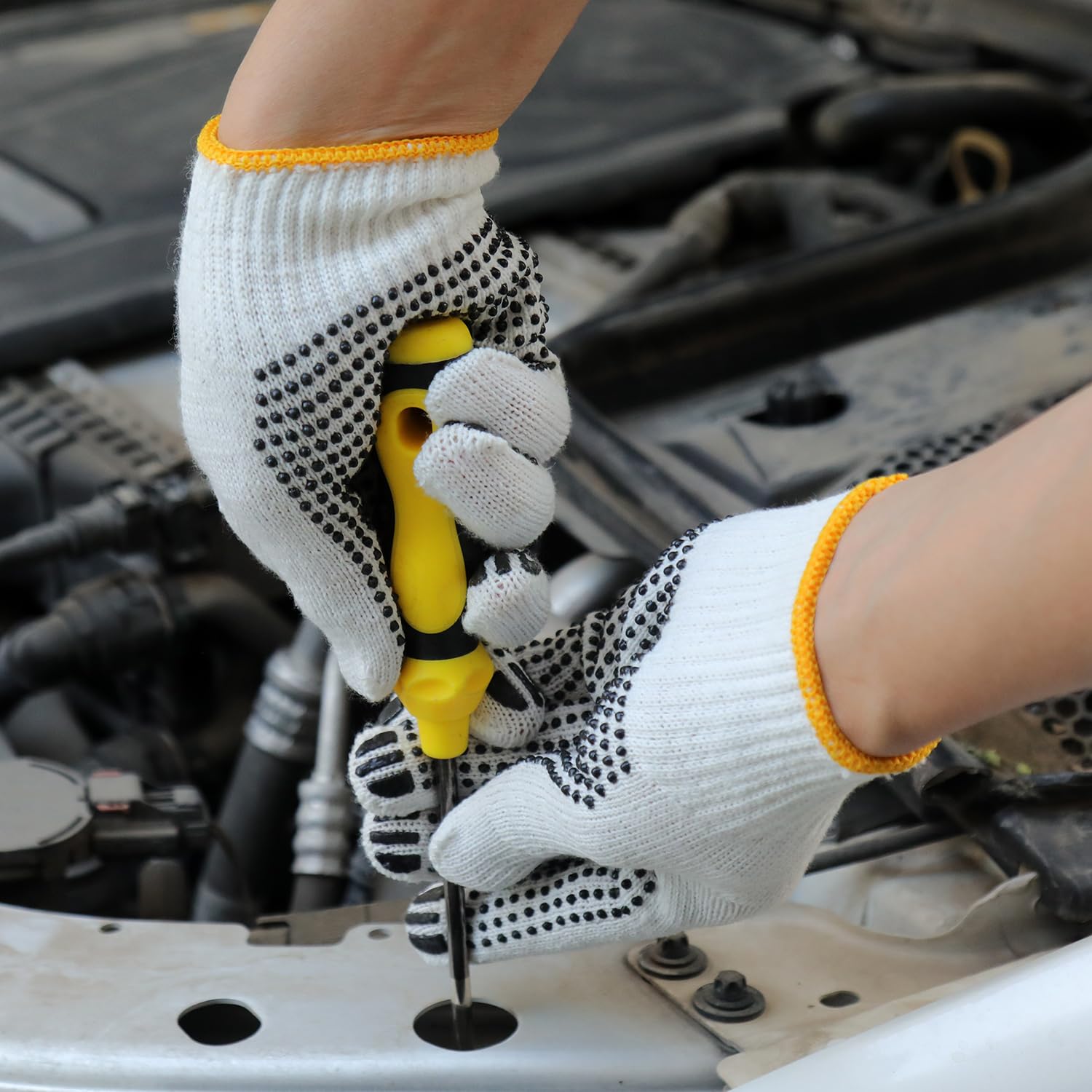 COOHORN Sicherheits-Arbeitshandschuhe, dehnbare Baumwollmischung, Handschuhe für trockene Hände, für Herren und Damen, rutschfeste Punkte, Strickhandschuhe, feucht, atmungsaktiv, für Garage, Lager