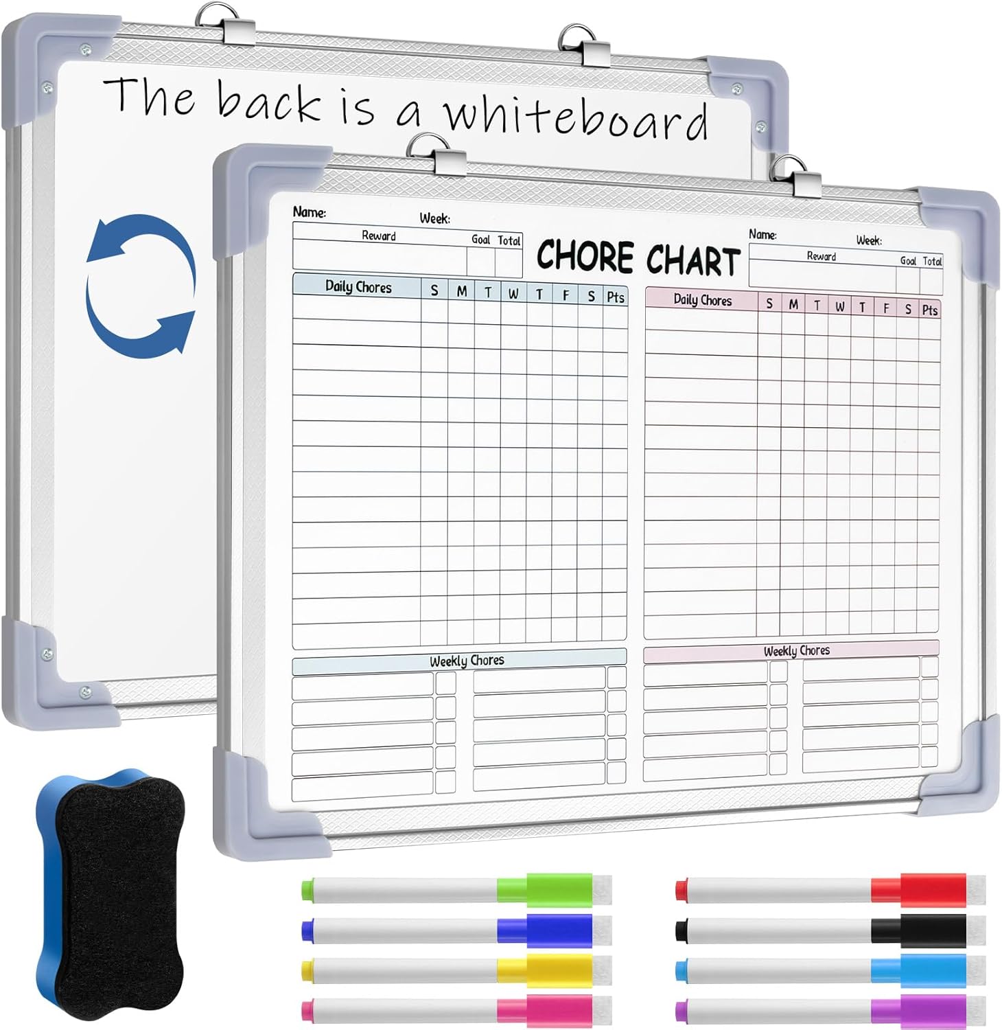 Lincia Magnetic Dry Erase Chore Chart Board for Multi-Person Households 24"x18" Double Side Family 2 in 1 Combo Chore Board for Wall Aluminum Frame 8 Markers 1 Eraser(Double Style)