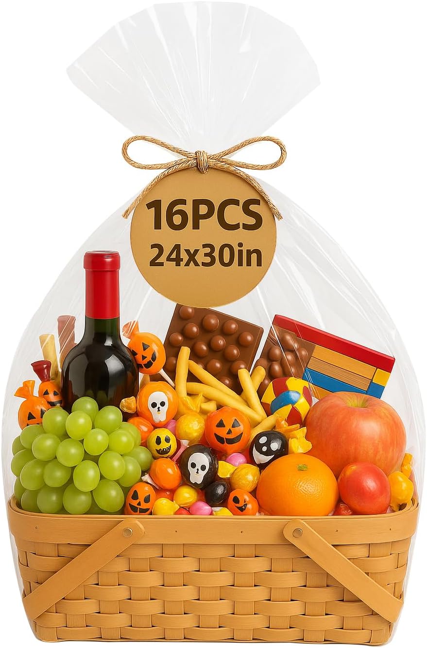 WIKDAY Cellophane Wrap for Gift Baskets 24×30 Inches 16 PCS Large Clear Gift Wrapping Plastic Bags with Ties for Gift Giving, Packaging Products