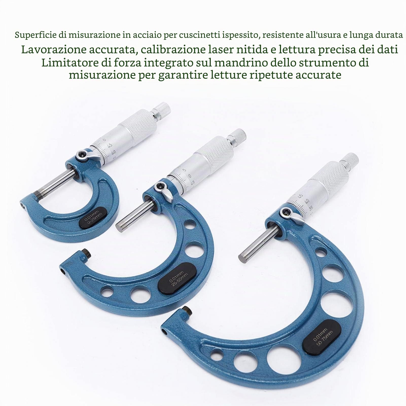 Micrometro 3 pezzi, metrico 0-25 mm, 25-50 mm, 50-75 mm Strumento di misurazione del diametro esterno ad alta precisione in acciaio per cuscinetti con custodia, con asta di misurazione e chiave da 25