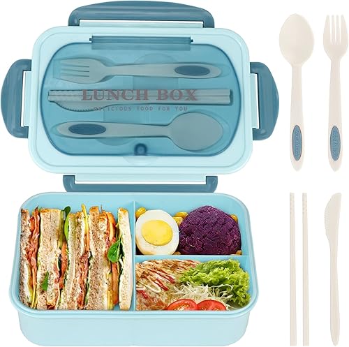 NatraProw Lonchera Bento para adultos, 40.6 fl oz, lonchera a prueba de fugas con utensilios, sin BPA, caja Bento de 3 compartimentos apta para Azul