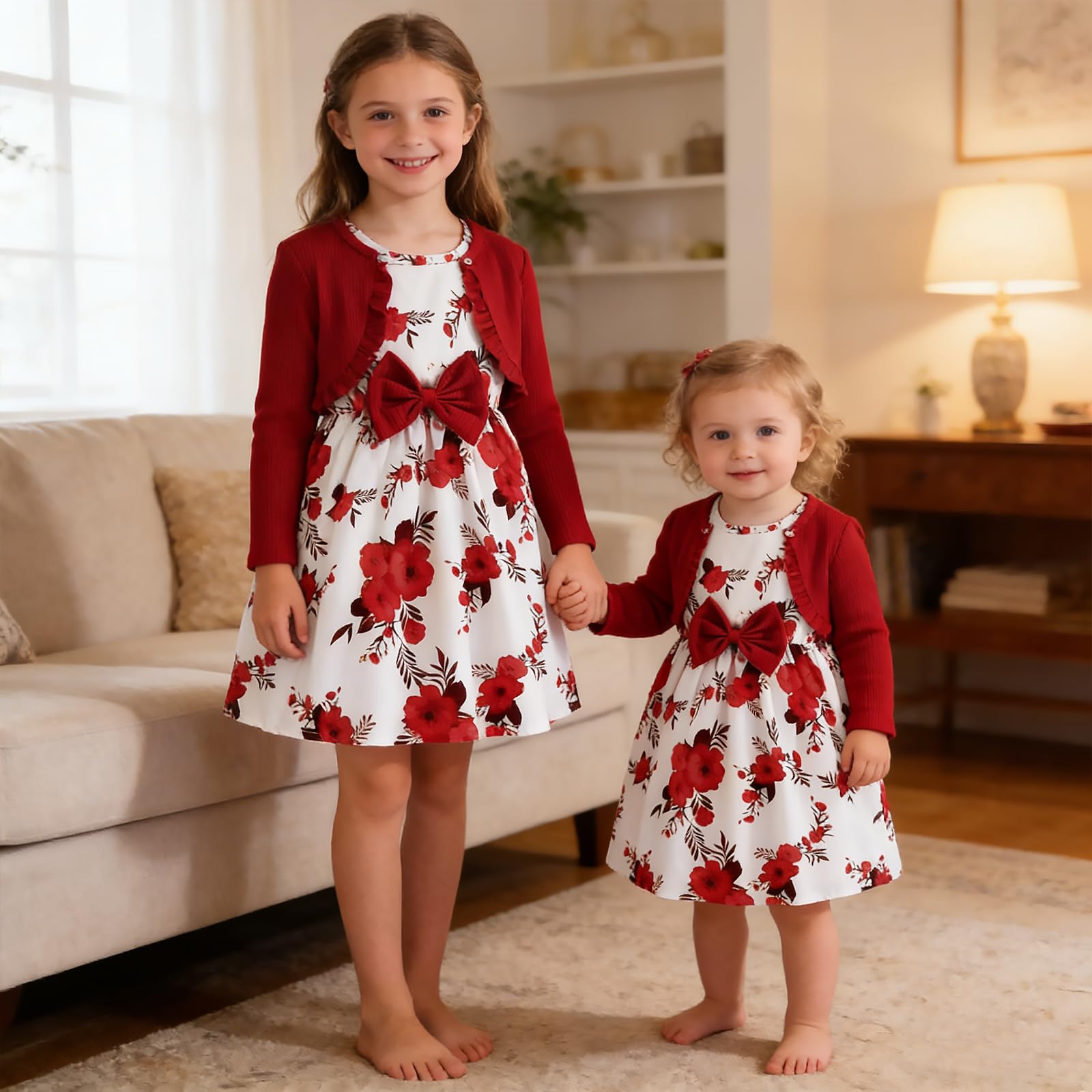 Kunyeah Vestito per Bambine con Set di Cardigan Vestito Floreale Senza Maniche con Volant Bambino Vestito a Maniche Lunghe