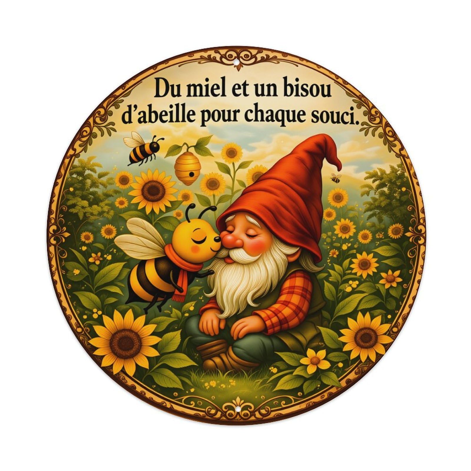 Gnome Bee Sunflower Garden Honey Kiss Nature Peaceful Scene Round Vintage Tin Sign,Retro Wall Art,Metal Poster for Home, Bar, Garage, Cafe, Rustic Indoor & Outdoor Decor, 8x8 Inches