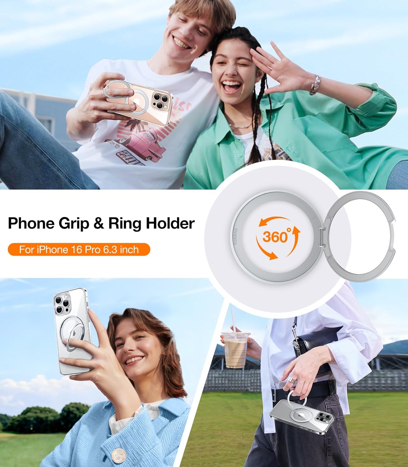 TORRAS 360Rotatable Magnetic for iPhone 16 Pro Case 6.3 inch, Fit for MagSafe 16 Pro Phone Case, 16FT Military Grade Shockproof, Flush Stand Ring, Translucent Slim Protective Ostand, Clear - Image 4