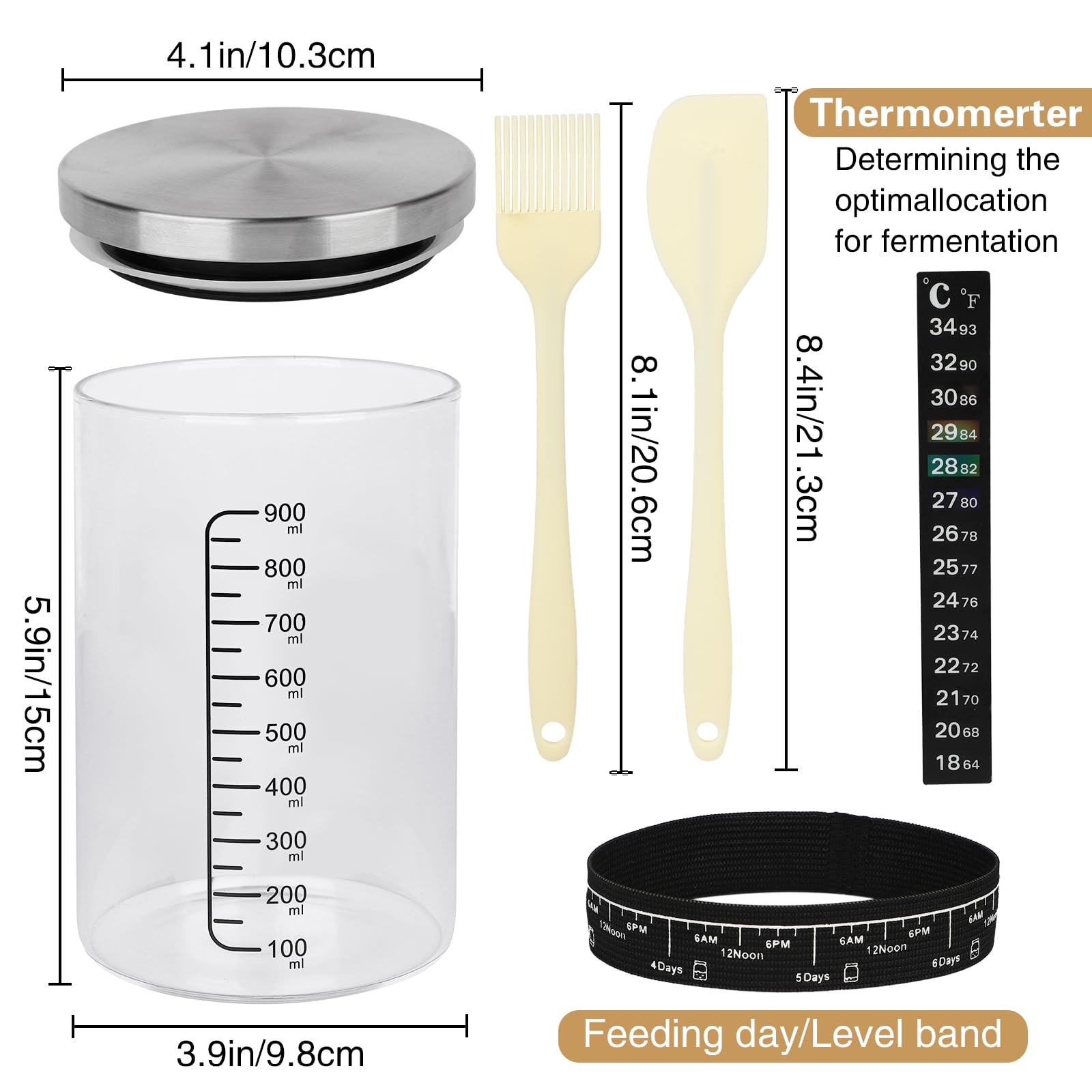 SSYR&P Sauerteig-Starter set,Brot Backen Zubehör, Spatel u, Thermometer, Fermentierglas,Brotliebhaber für Anfänger, Back-Starter-Set,Sourdough Starter Kit (Abdeckung aus Edelstahl)