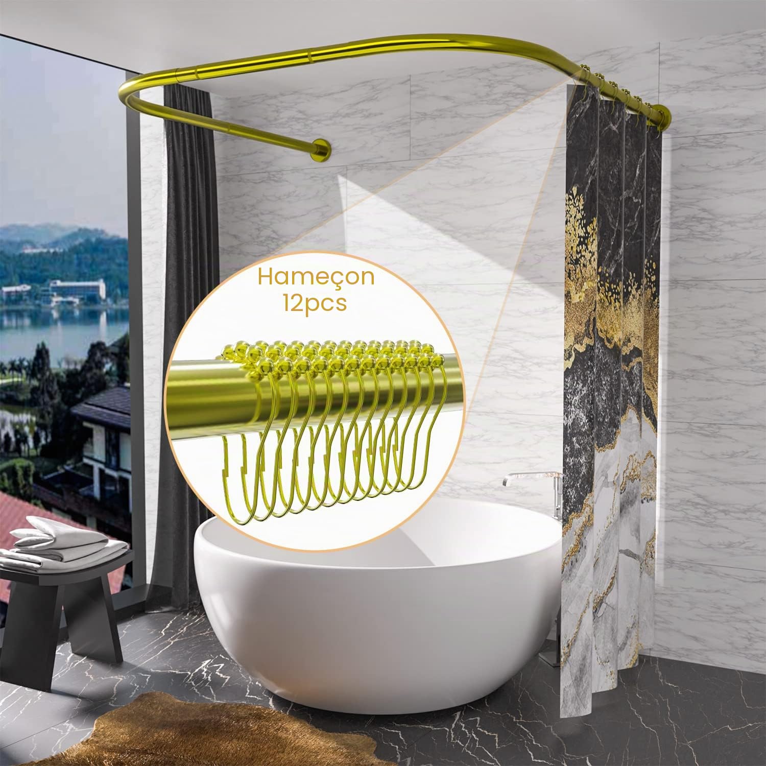 Tringle à rideau de douche d'angle en acier inoxydable 304 en forme de U, taille réglable (en forme de U doré, longueur des deux côtés : 80-120 cm, largeur du milieu : 88-110 cm)