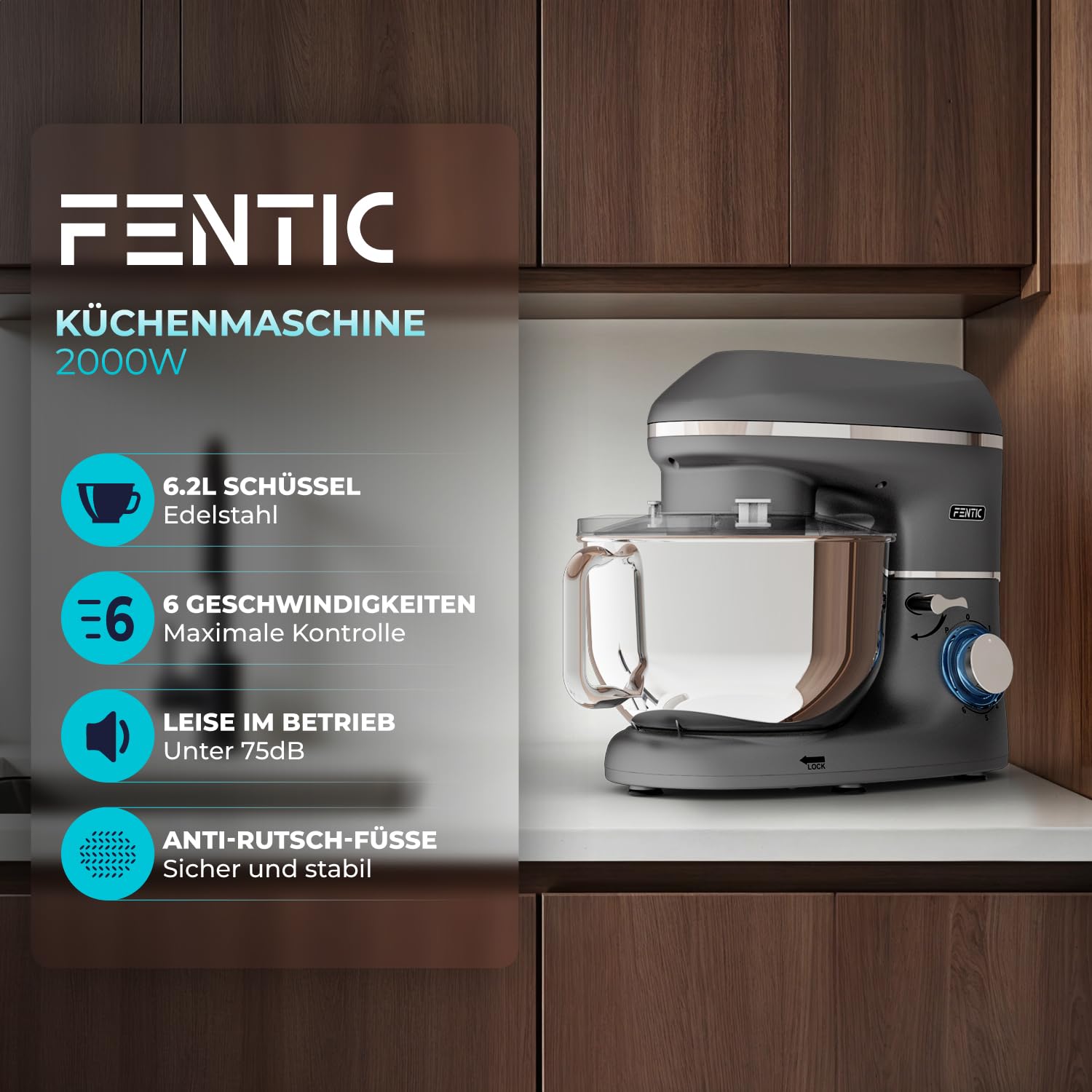 Küchenmaschine - 2000W - Edelstahl Rührschüssel (6,2 L) - Knetmaschine mit Rührhaken, Knethaken, Schlagbesen und Spritzschutz - Inkl. zusätzlichem Zubehör - Anthrazit