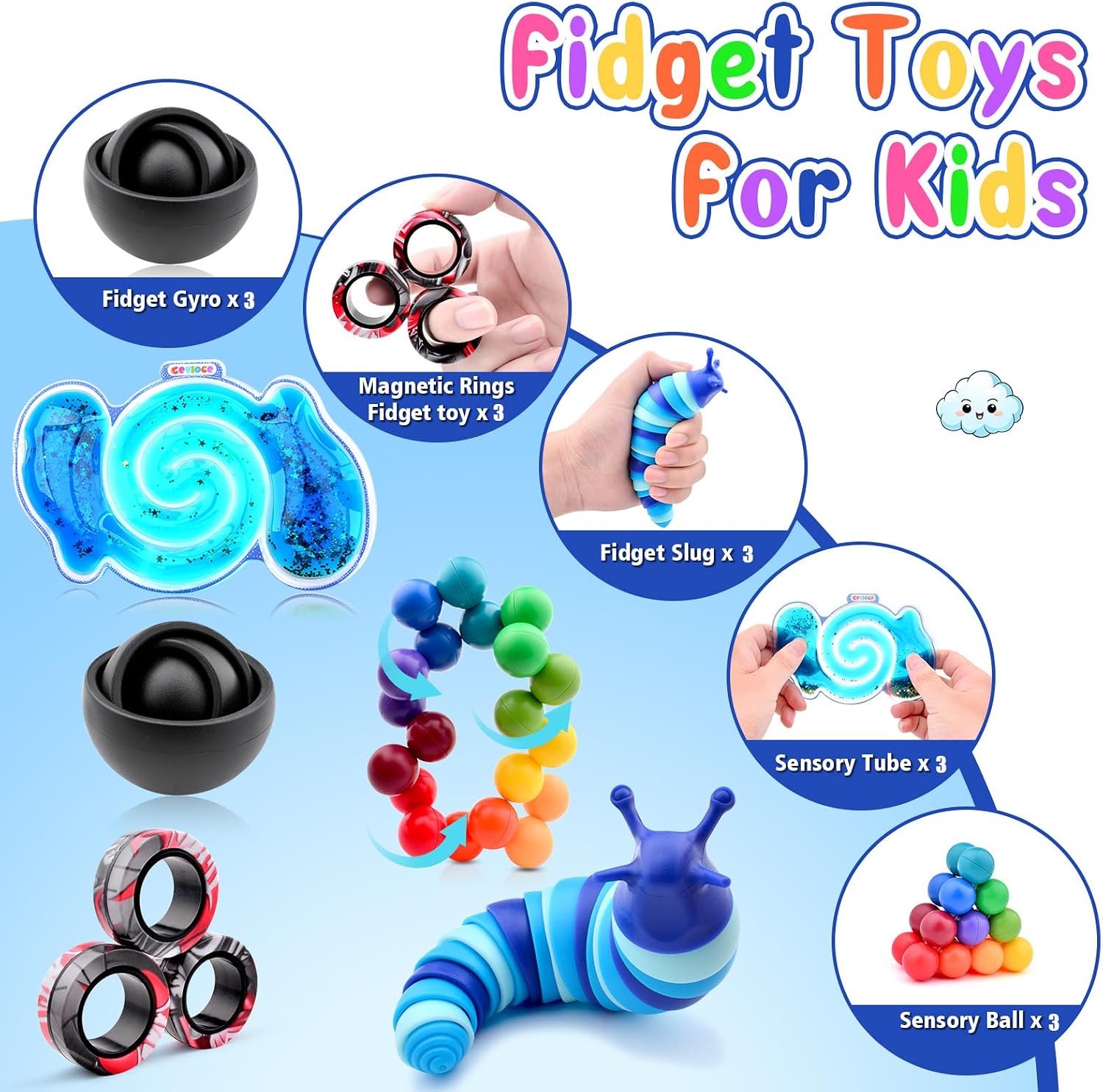 Cevioce 15Pcs Fidget Toys Adults Pack,Stocking Stuffers for Teens Boys Girls,Autism Sensory Toys with Fidget Spinner Slug Magnetic Rings,Squishy Fidget Toys ADHD Stress Relief,Party Favor for Kid-BBB image 2