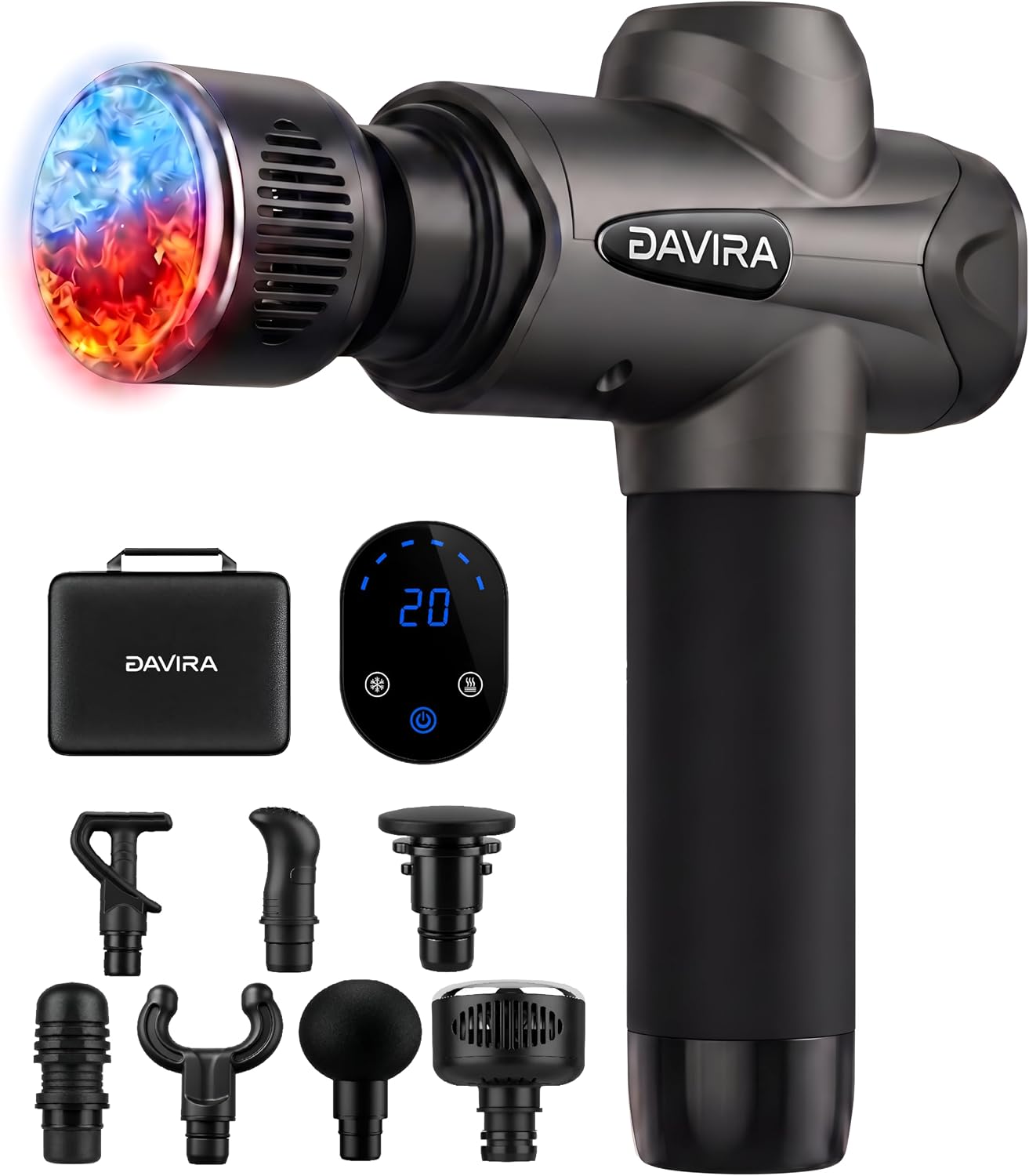 DAVIRA Massage Gun with Heat & Cold, Deep Tissue Percussion Massage Gun, Handheld Muscle Massager, LCD Display, 6 Massage Heads, Carrying Case for Neck, Back, Shoulders, Legs & Athletes