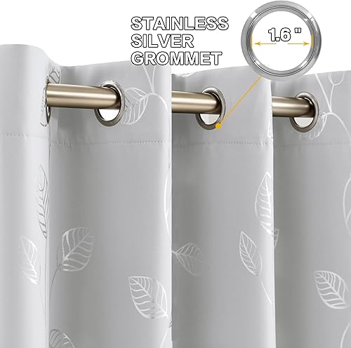 Miniatura 7 de BUHUA Cortinas opacas con estampado de hojas plateadas onduladas para sala de estar, cortinas de oscurecimiento con bloqueo de luz para dormitorio