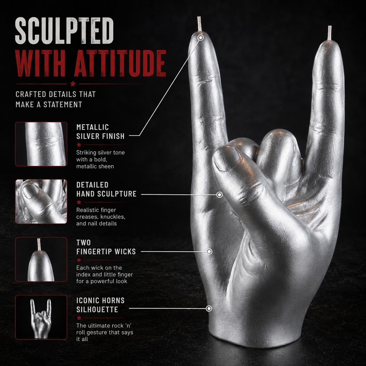 Gute Rock & Roll Hand Candle, Sign of the Horns Hand Gesture Candle, Gift for Music Lovers, Rockers, Bikers, Rock Lovers - 15x10cm (Silver)