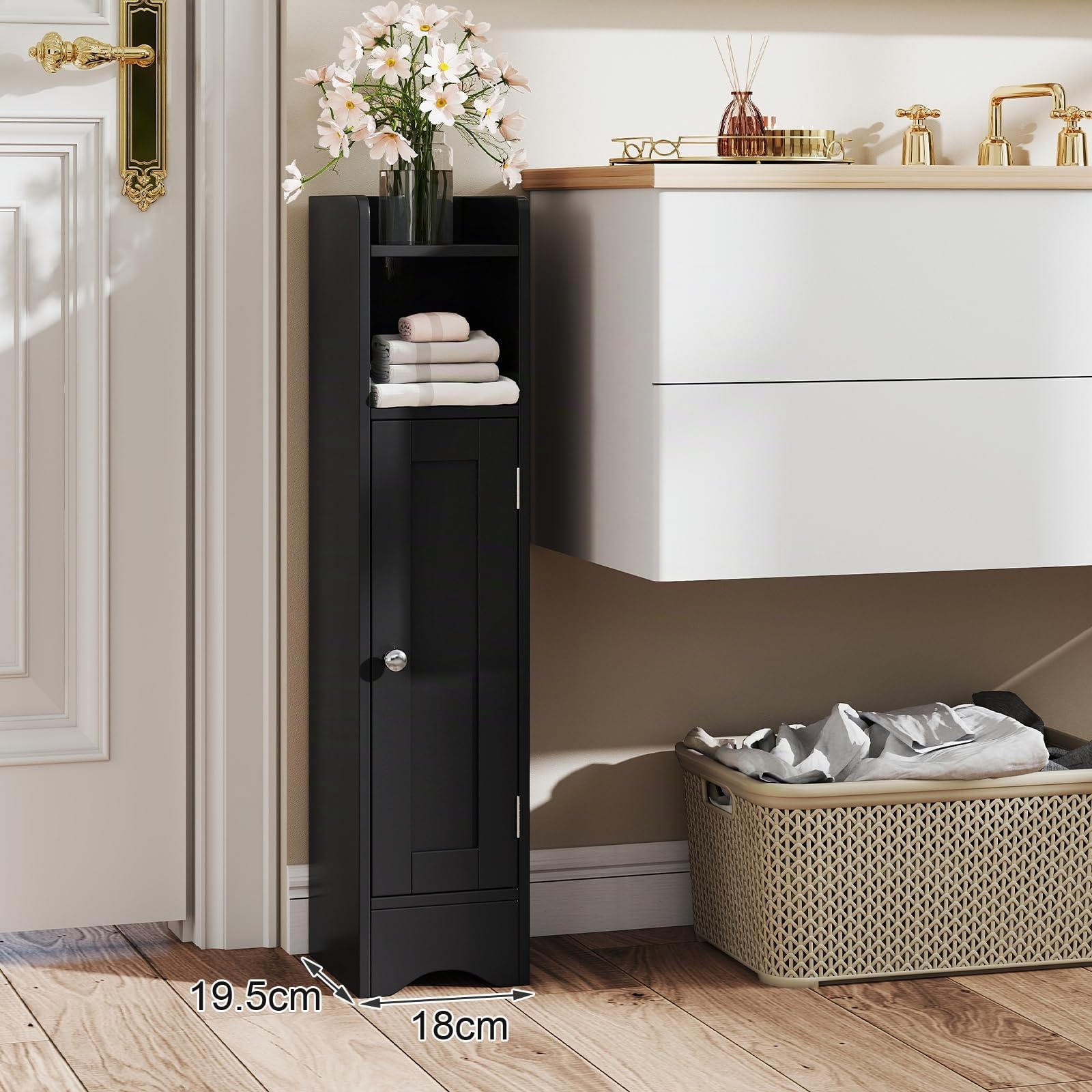 GOPLUS Kleiner Badezimmerschrank, Badschrank schmal mit verstellbaren Regalen und offenem Fach, Aufbewahrungsschrank, Toilettenpapier-Organizer für Flur und Wohnzimmer, 18 x 19,5 x 80 cm (Schwarz)