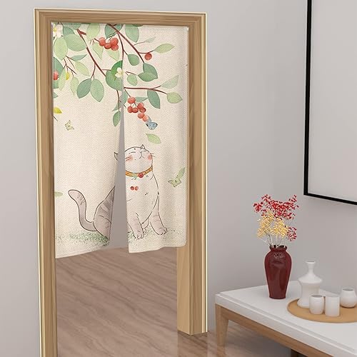 Miniatura 4 de Leowefowa Cortinas japonesas Noren para puerta, largas japonesas con estampado de gato gordo jugando árboles frutales, cortina para ventana, cortina