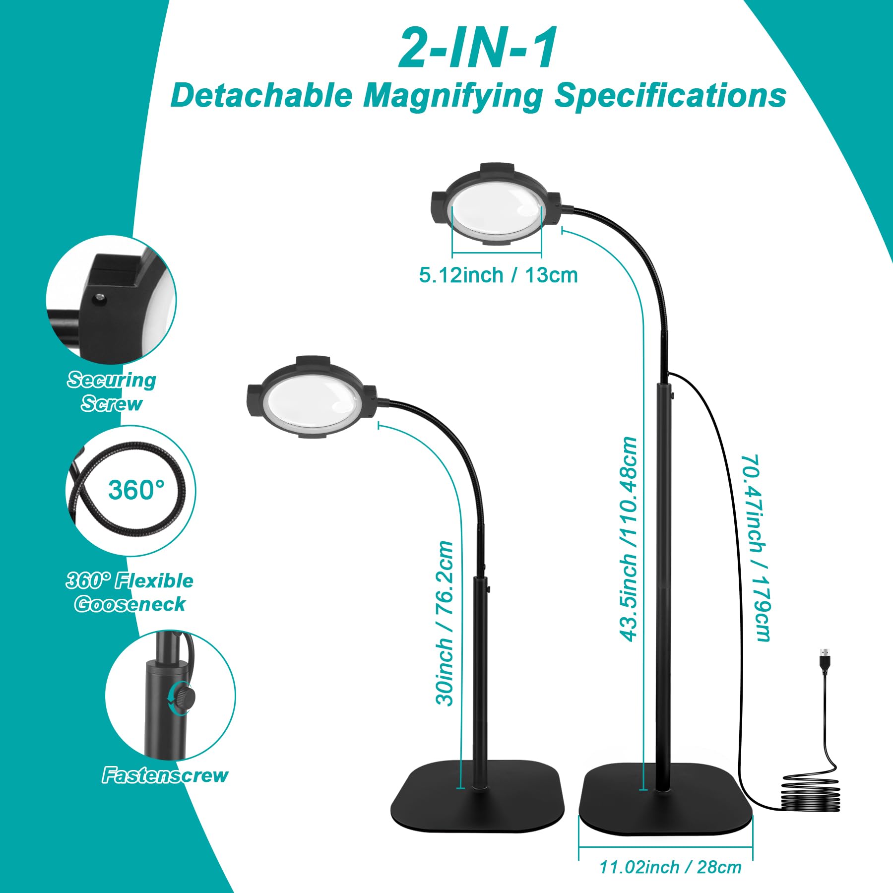 10 lupas 30X con iluminación y lámpara de pie, 54 LED regulable, 3 niveles, lupa de cuello de cisne 2 en 1 con iluminación para leer, coser, manualidades y trabajos de costura