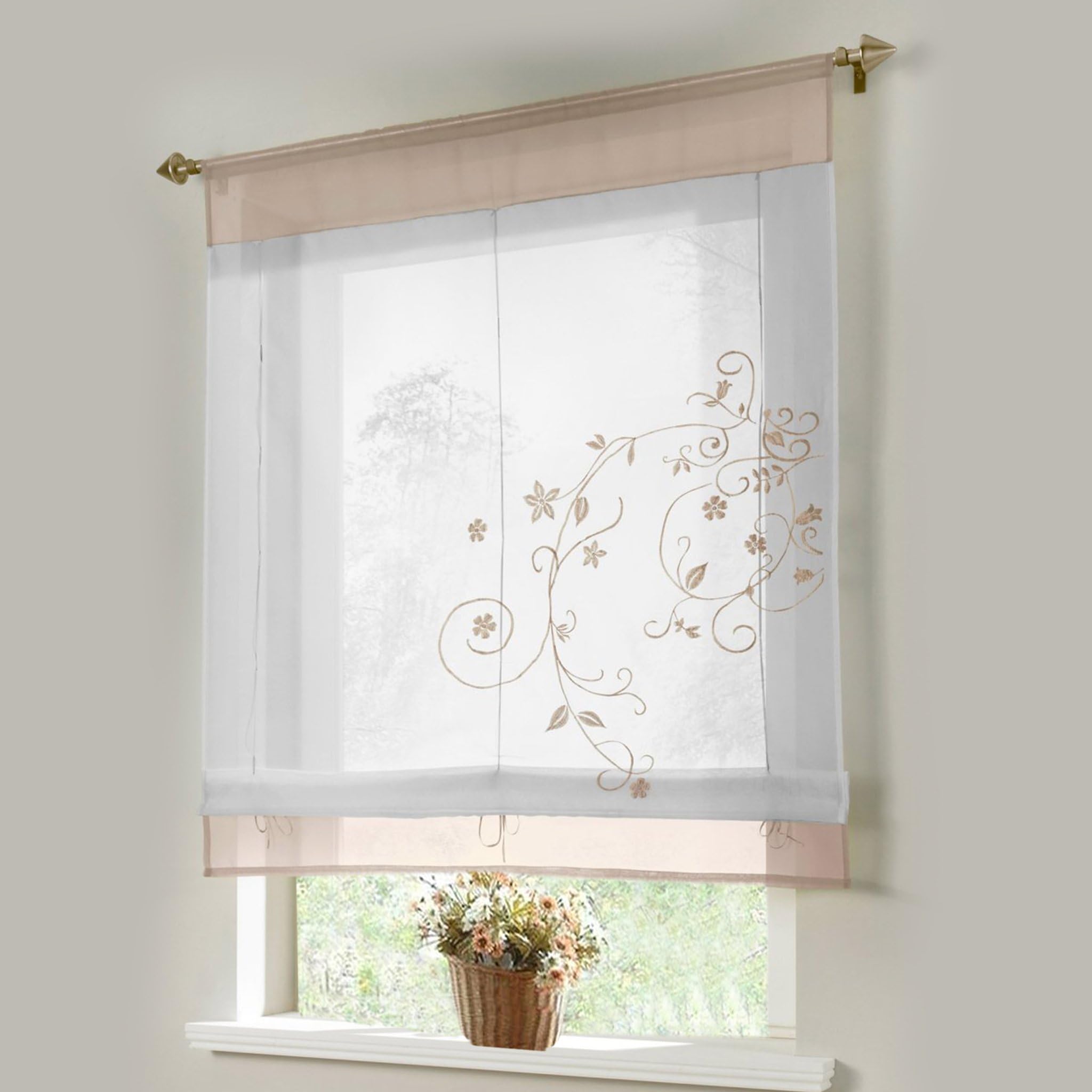 Thinkbay 1pcs Sheer Liftable Organza Embroidered Kitchen Curtains Roman Window Shades,Sand,39x55''