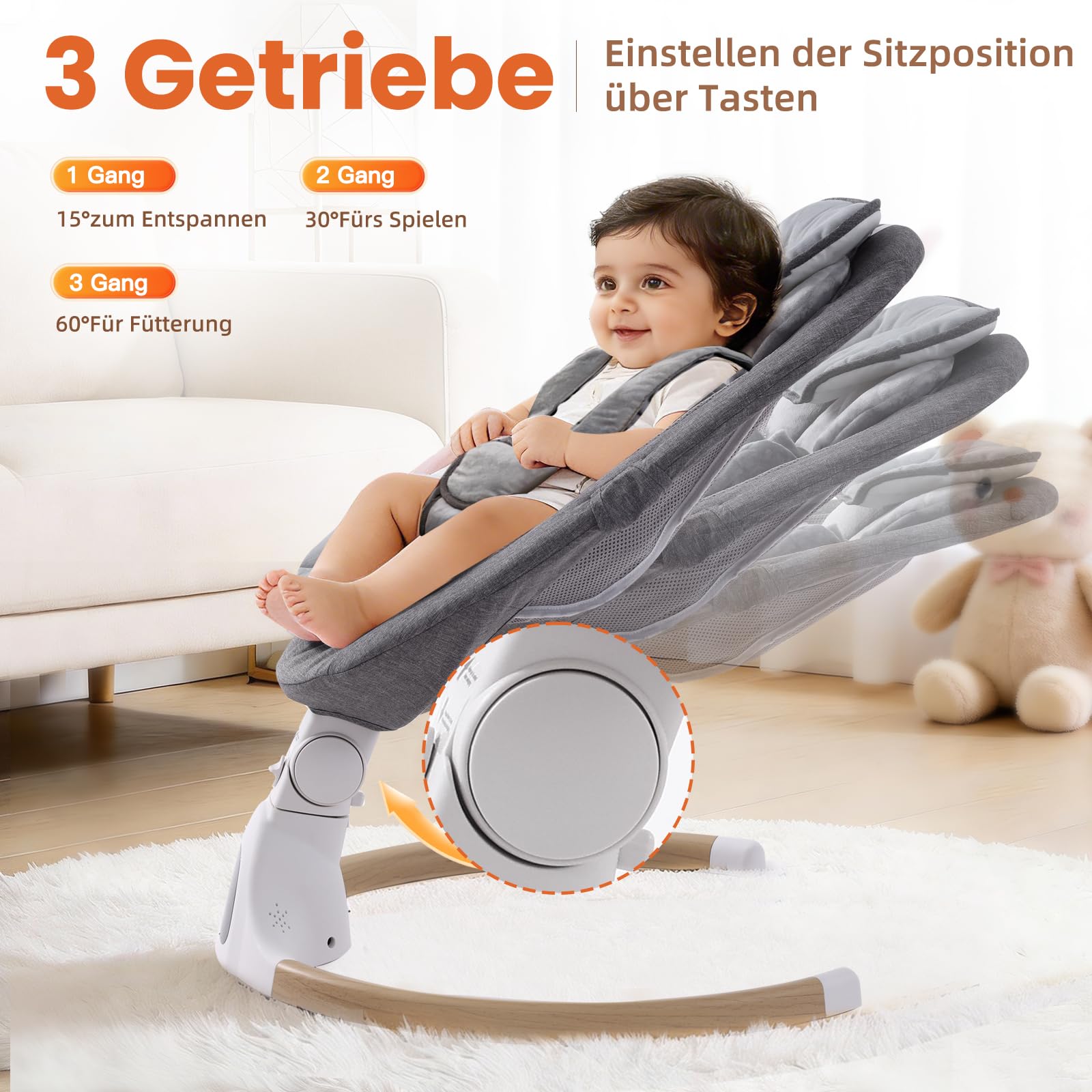 Babywippe Elektrisch, 0–6 Monate, max. 9 kg, Tragbares Neugeborenes Babyschaukel Indoor mit Bluetooth, 5 Schwenkgeschwindigkeiten, 3 Winkellage, Fernbedienung & Touch Panel Grau