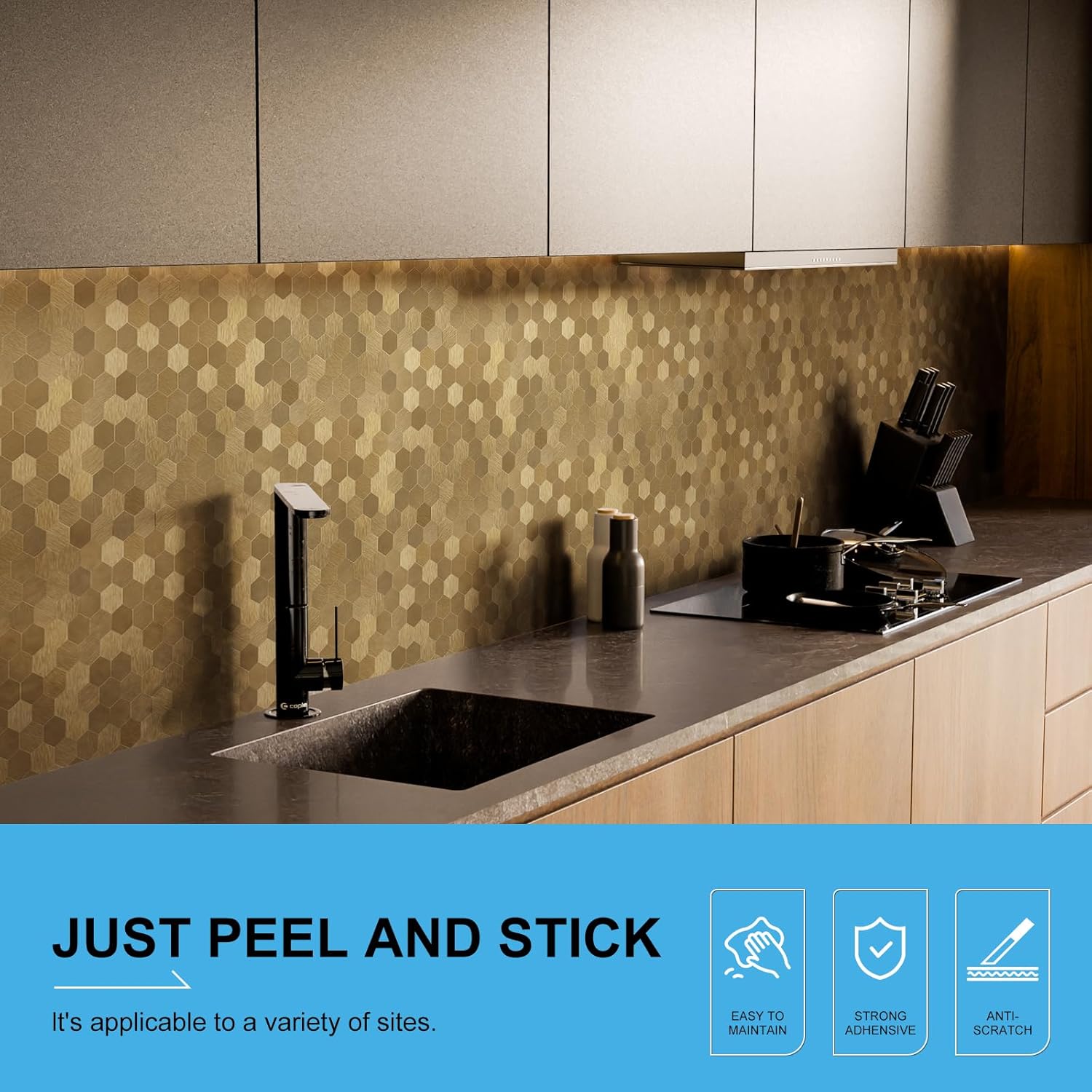 Hexagon Peel and Stick Metal Backsplash, 10-Sheet Peel and Stick Tiles Hexagon Mosaic Tile Stick on Backsplash for Kitchen Bathroom Fireplace
