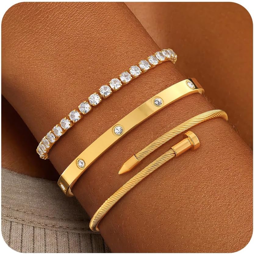 ZOERAY Silver Gold Bangle Bracelets for Women Non Tarnish 14k Gold Plated Stackable Cuff Bracelets for Women Trendy Cubic Zirconia Stainless Steel Chunky Bracelet Stack Set Waterproof Jewelry Gifts