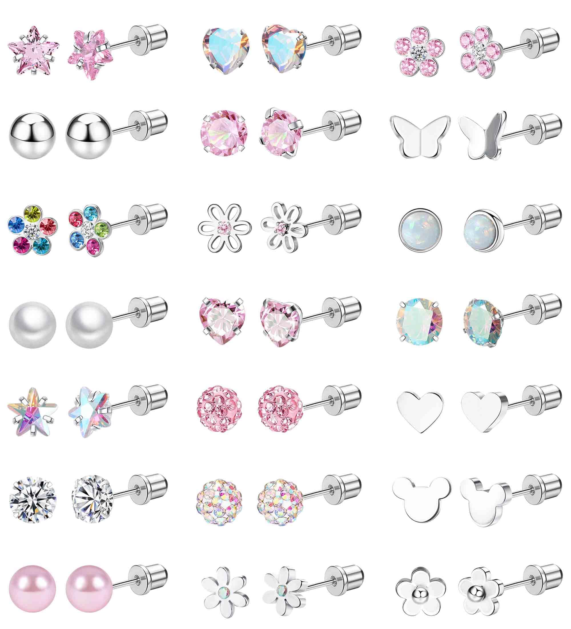 Staligue 8 & 21 Pairs Hypoallergenic Screw Back Earrings for Women – 20G Surgical Steel Flat Back Studs with Heart, CZ, Pearl, Star & Ball Designs |