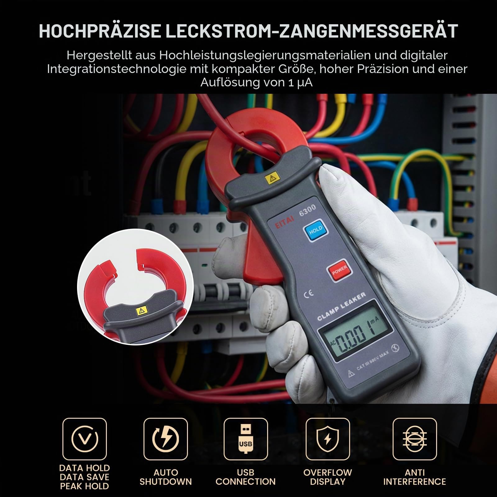 EITAI6300 Digitales Leckstromzange, 1µA Auflösung, 0.001mA-60A, Hersteller-Direktvertrieb, hochpräzise Stromzange, Leakage Low Current Clamp Meter, Amperezange für Leckstrom Erdschluss